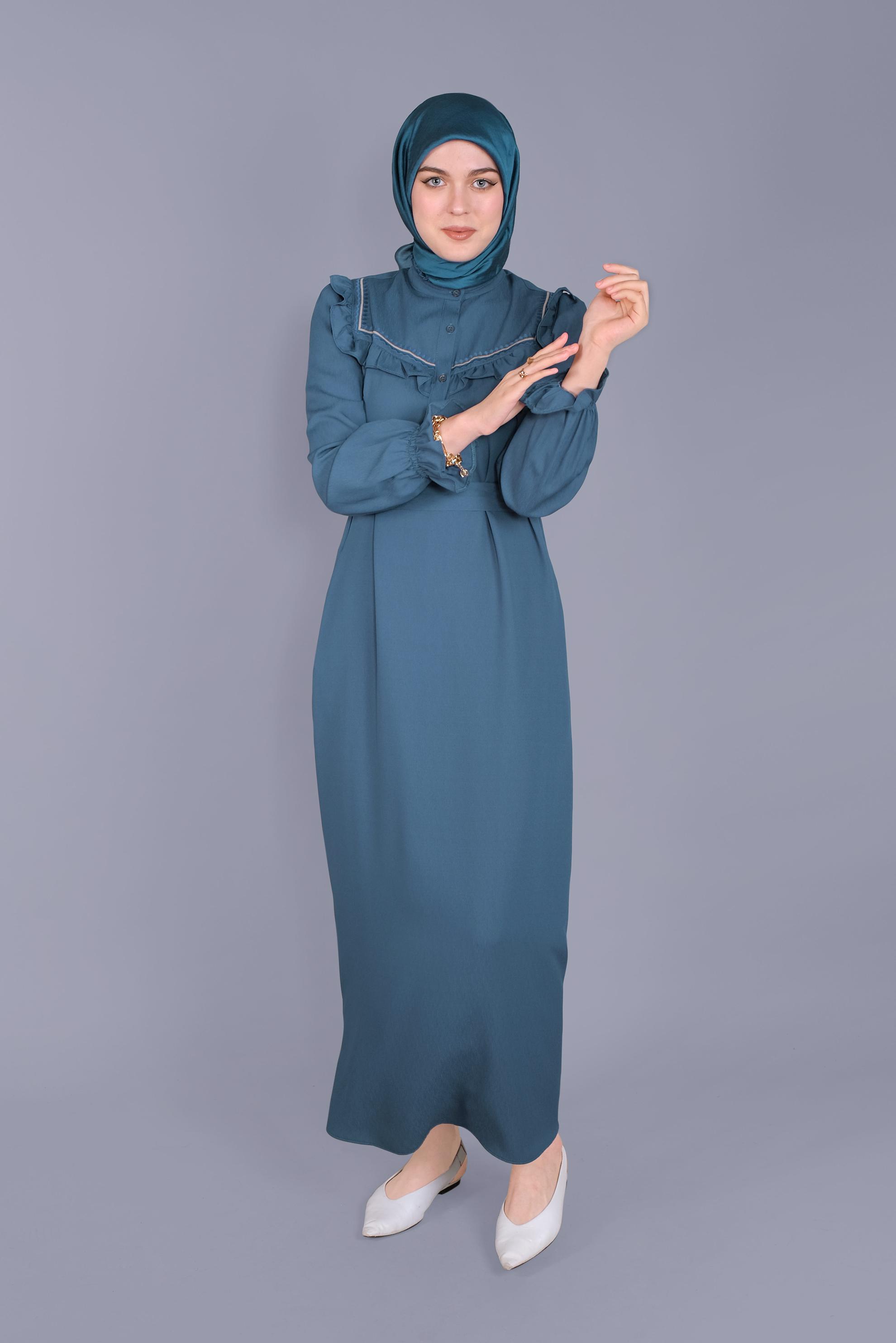 Tesettür giyim LACİVERT FIRFIRLI NAKIŞLI ELBİSE 41591 