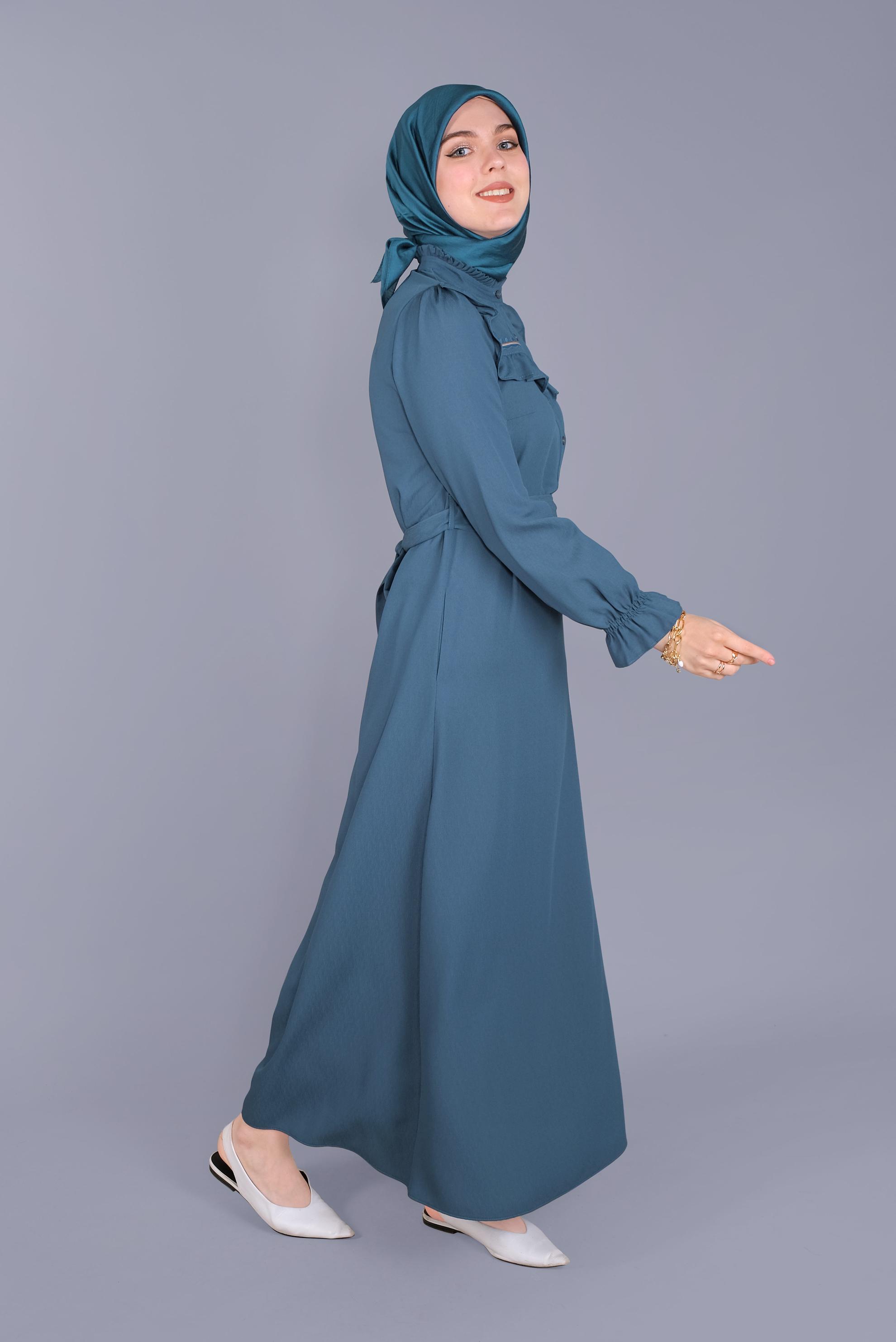 Tesettür giyim LACİVERT FIRFIRLI NAKIŞLI ELBİSE 41591 