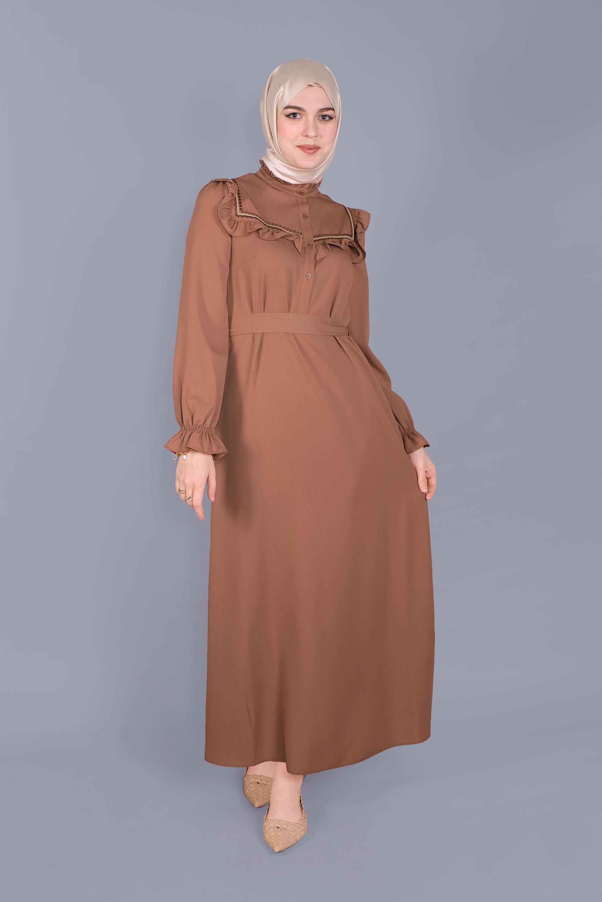 Tesettür giyim KAHVE FIRFIRLI NAKIŞLI ELBİSE 41591 