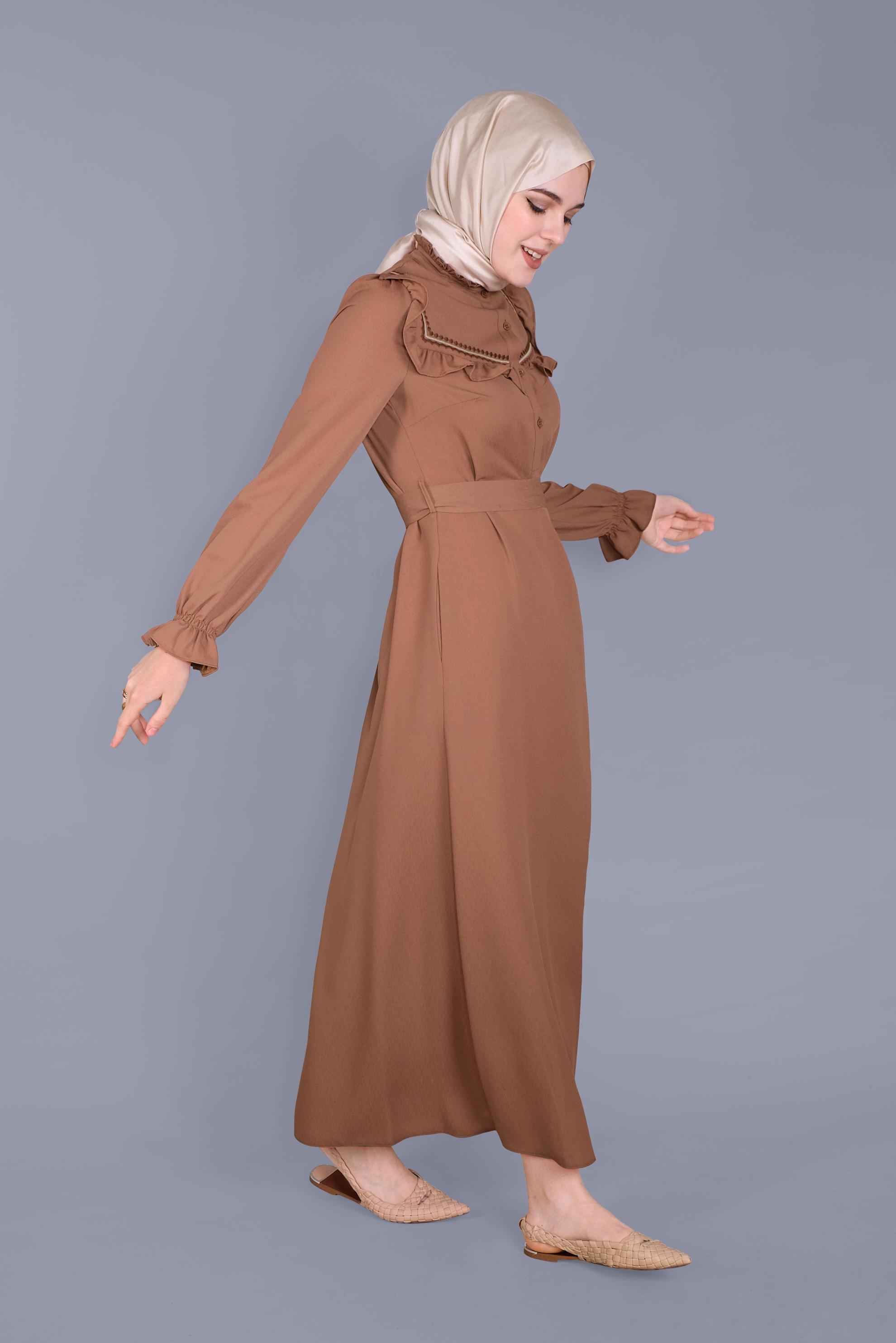 Tesettür giyim KAHVE FIRFIRLI NAKIŞLI ELBİSE 41591 