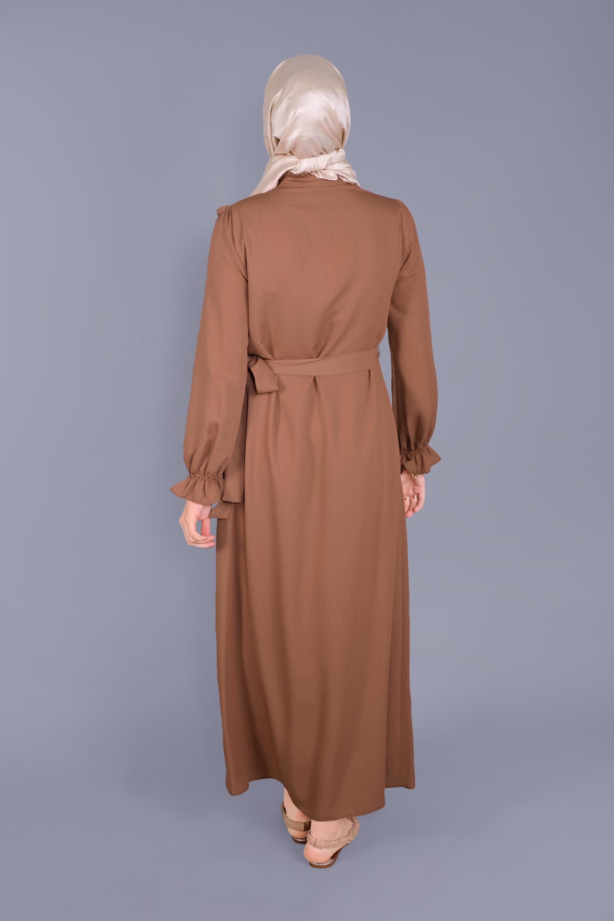 Tesettür giyim KAHVE FIRFIRLI NAKIŞLI ELBİSE 41591 