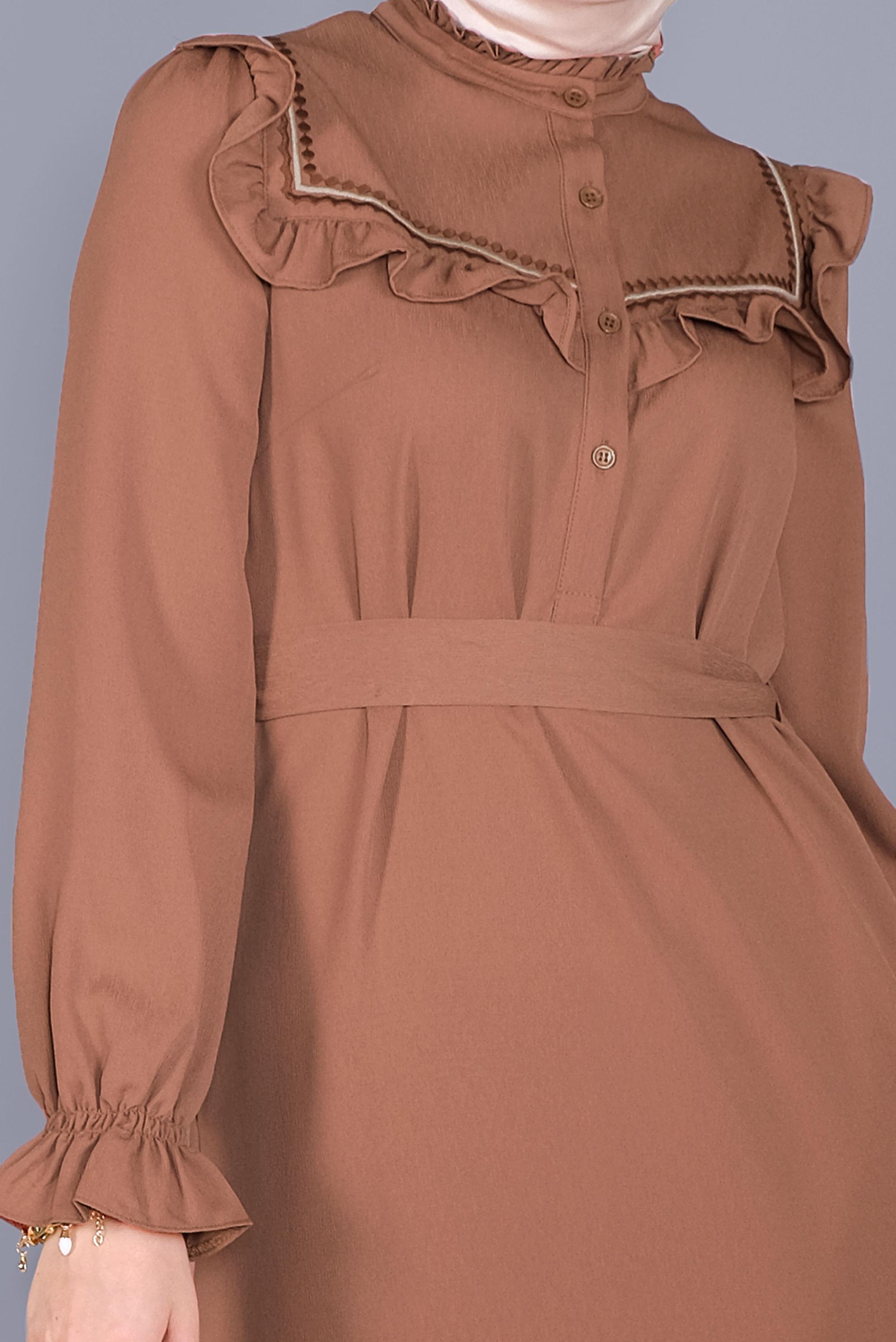 Tesettür giyim KAHVE FIRFIRLI NAKIŞLI ELBİSE 41591 