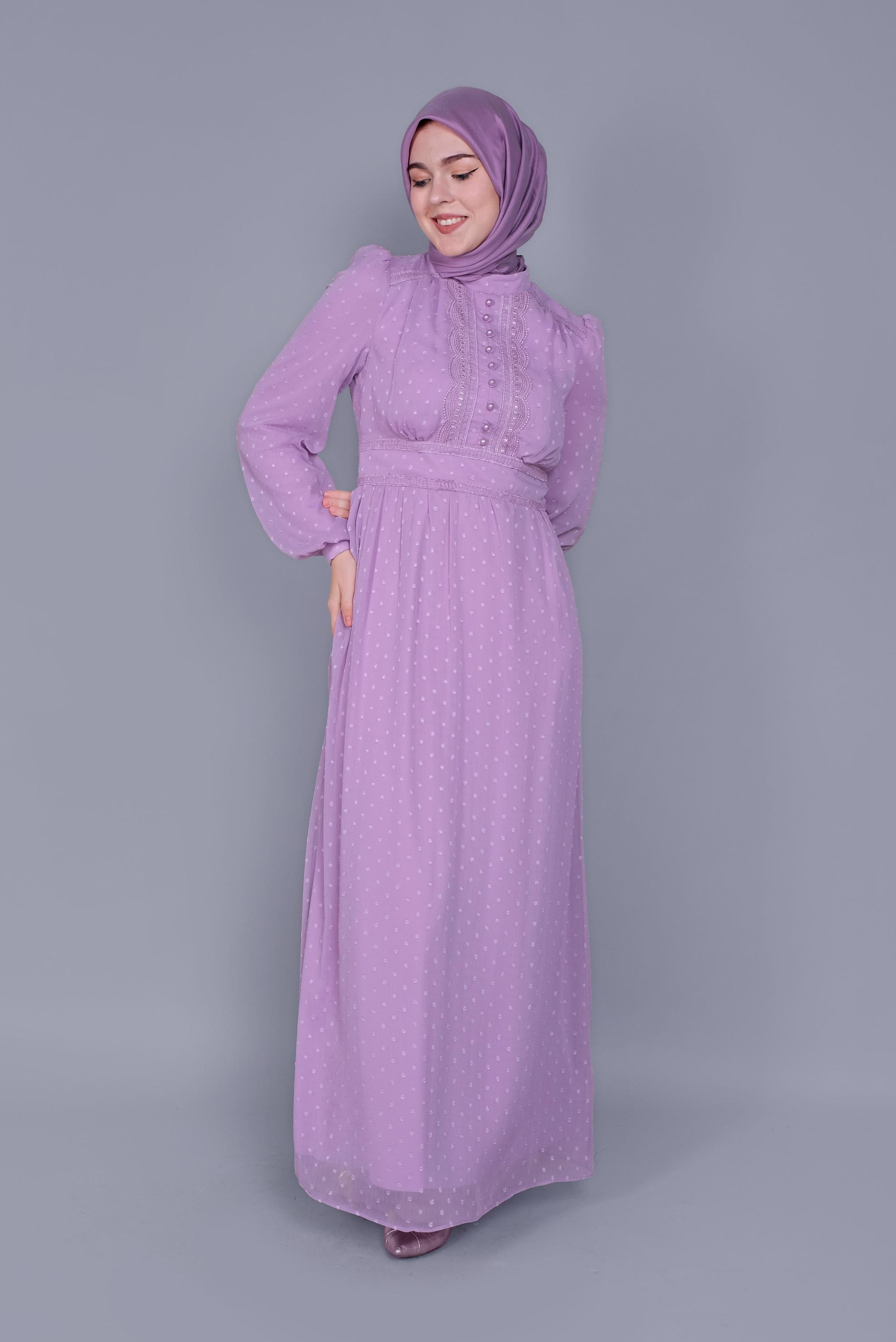 Tesettür giyim MOR DÜĞMELİ DANTEL DETAYLI ELBİSE 41621