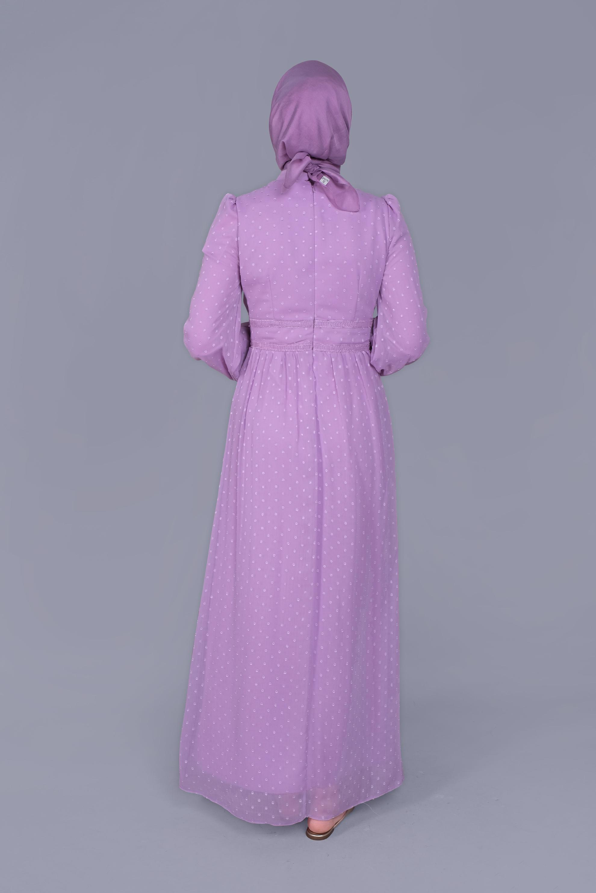 Tesettür giyim MOR DÜĞMELİ DANTEL DETAYLI ELBİSE 41621