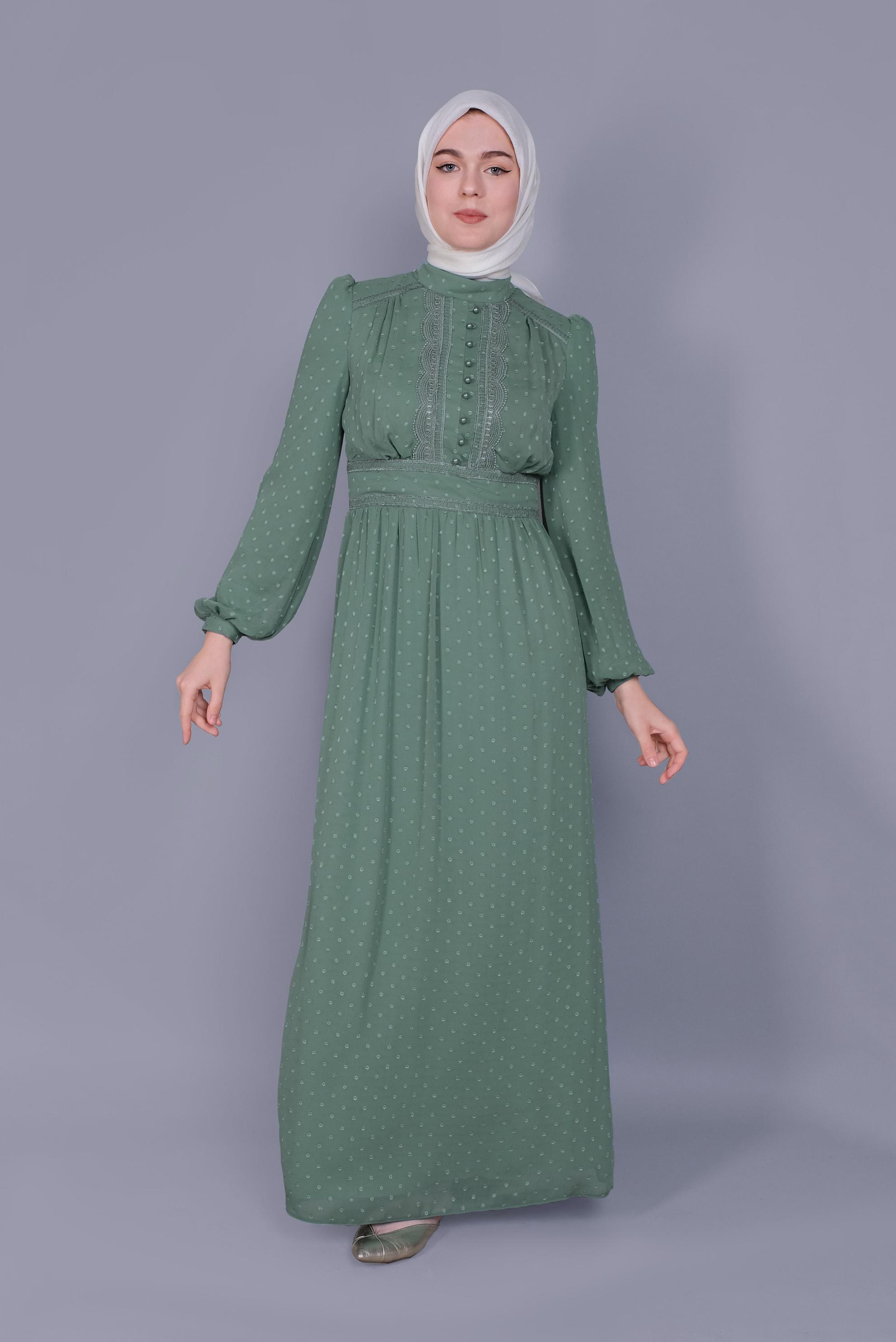 Tesettür giyim MAVİ DÜĞMELİ DANTEL DETAYLI ELBİSE 41621