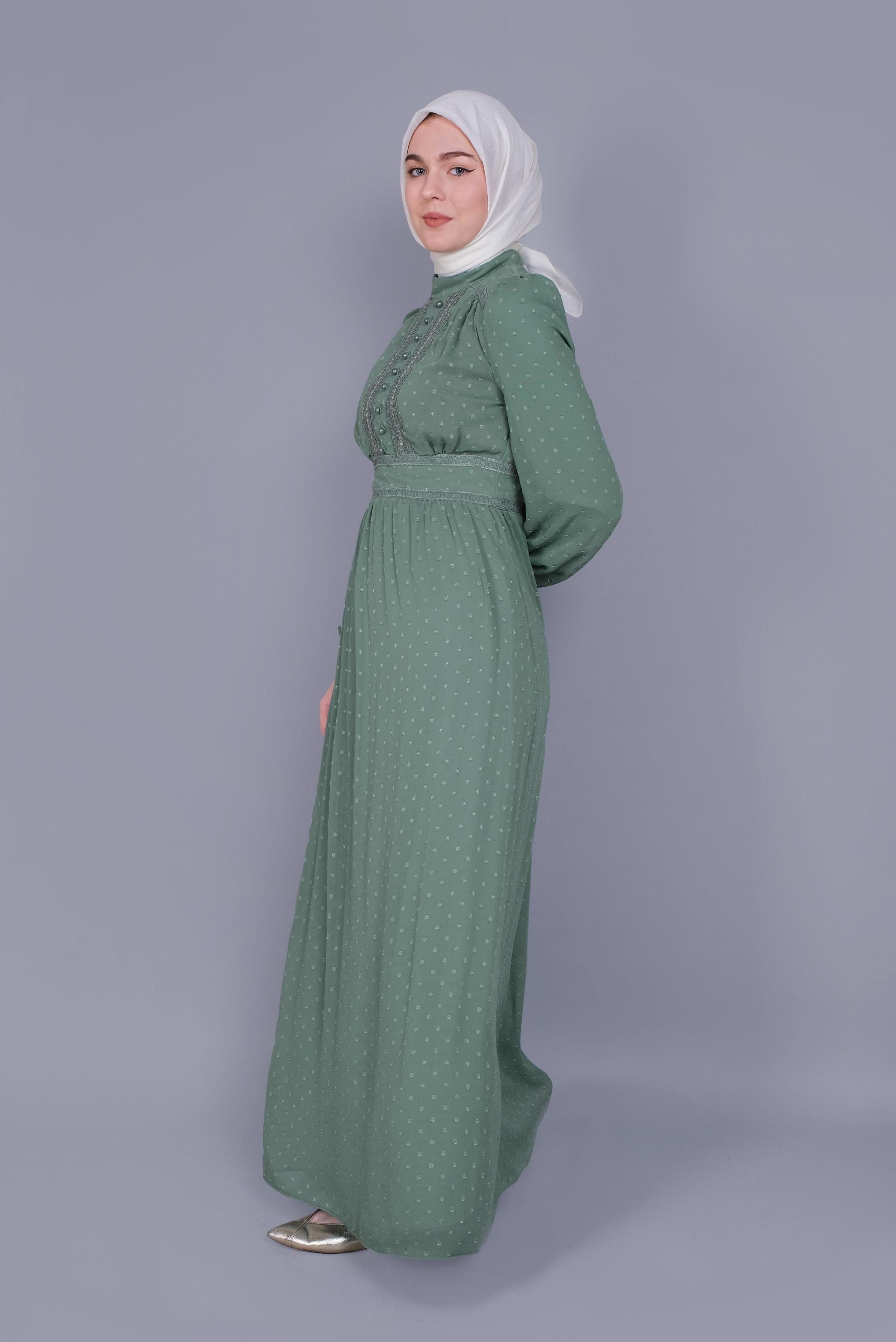 Tesettür giyim MAVİ DÜĞMELİ DANTEL DETAYLI ELBİSE 41621