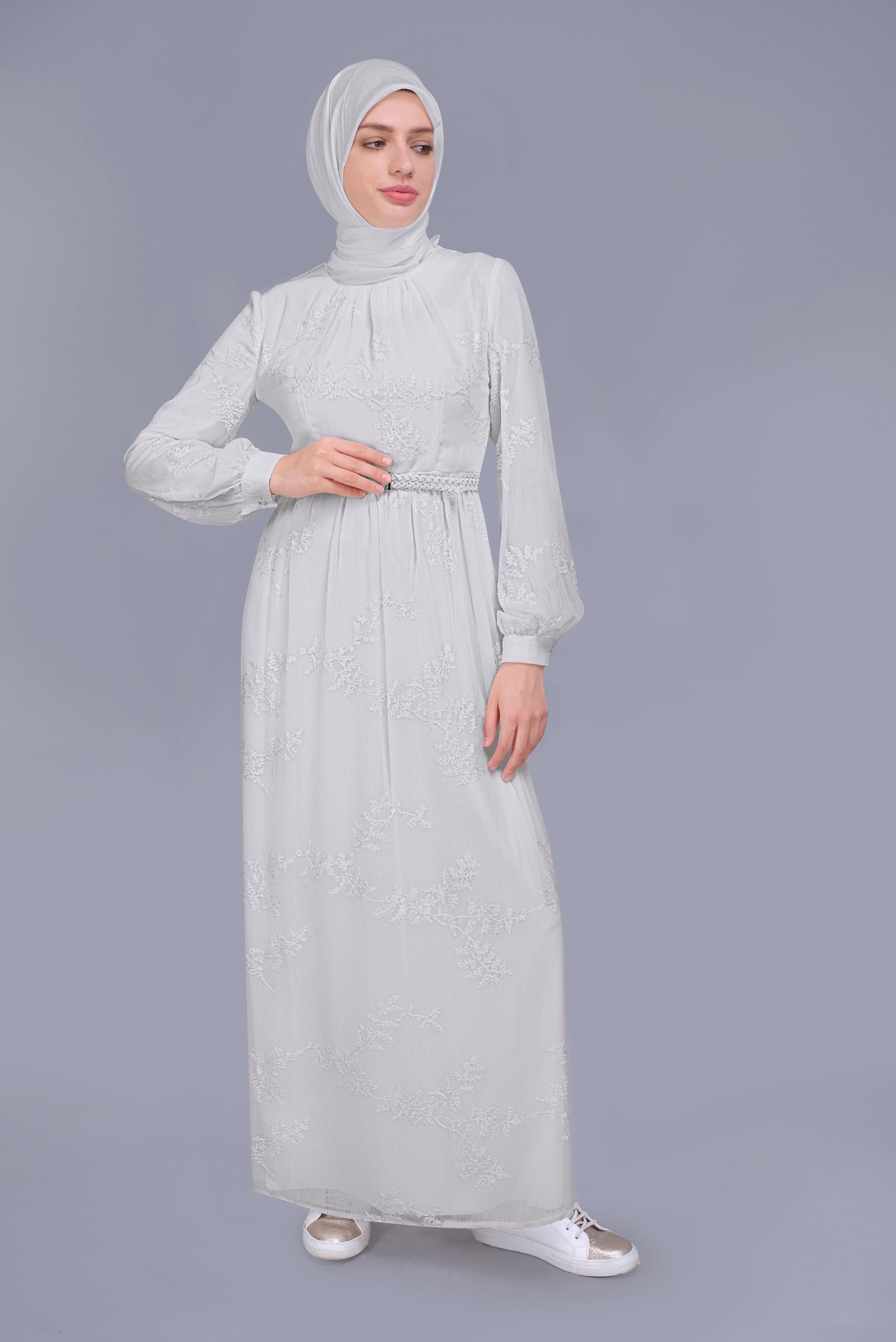 Tesettür giyim BEYAZ NAKIŞLI ELBİSE 41622 