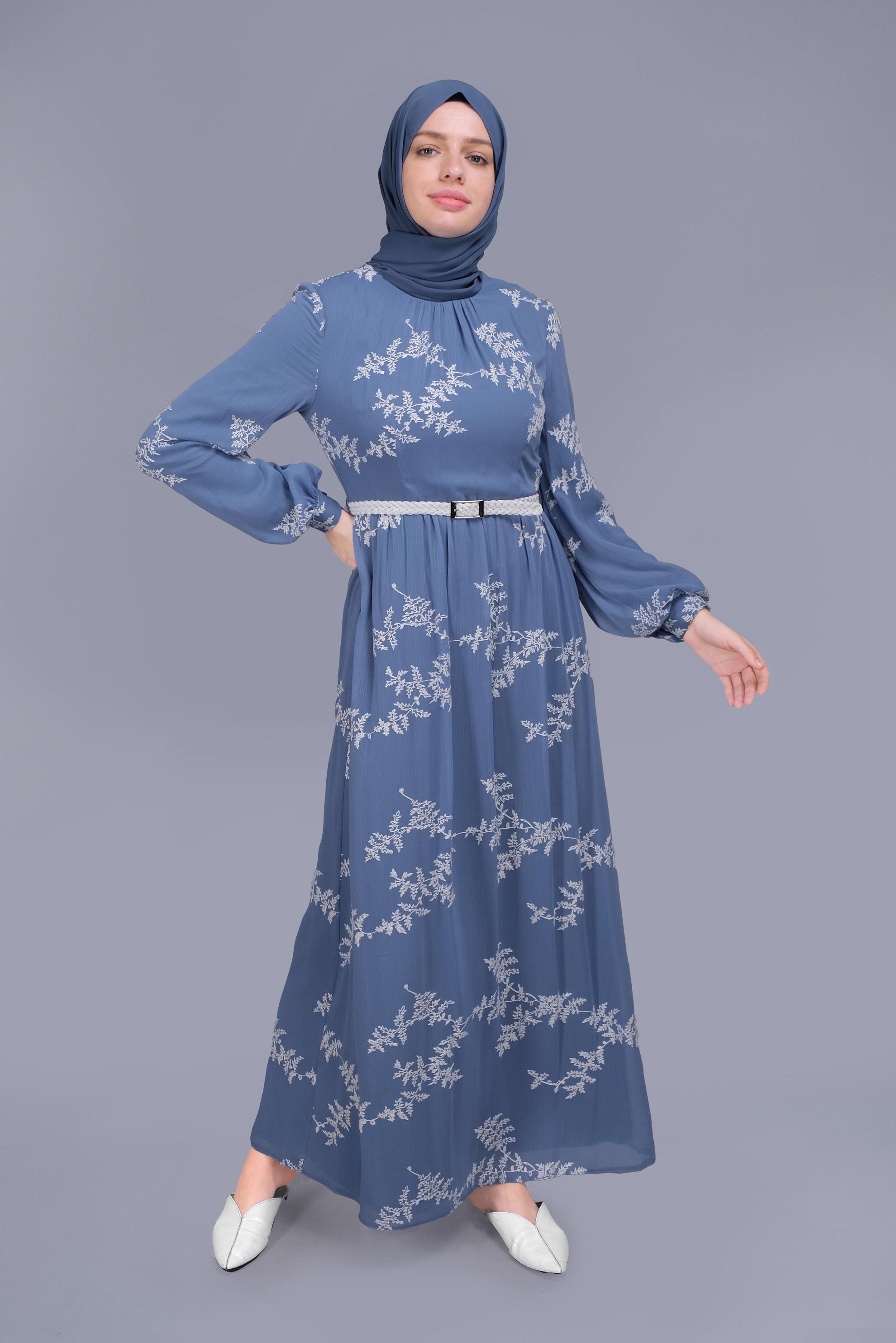 Tesettür giyim MAVİ NAKIŞLI ELBİSE 41622 