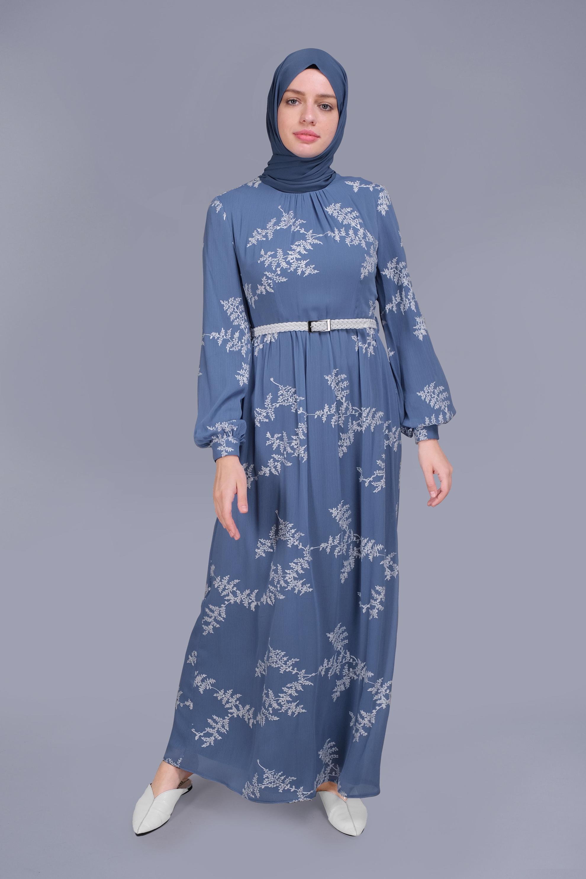 Tesettür giyim MAVİ NAKIŞLI ELBİSE 41622 