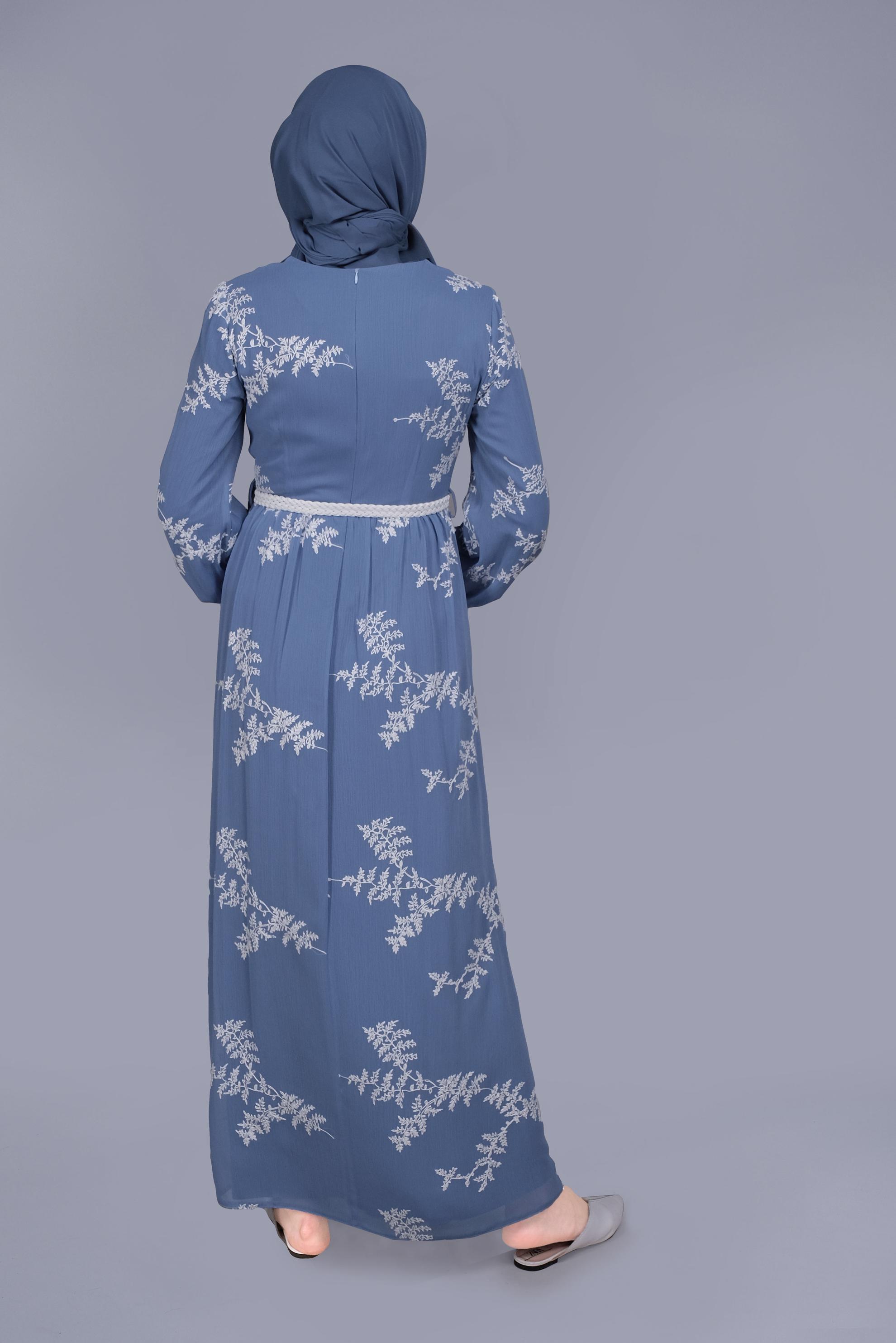 Tesettür giyim MAVİ NAKIŞLI ELBİSE 41622 