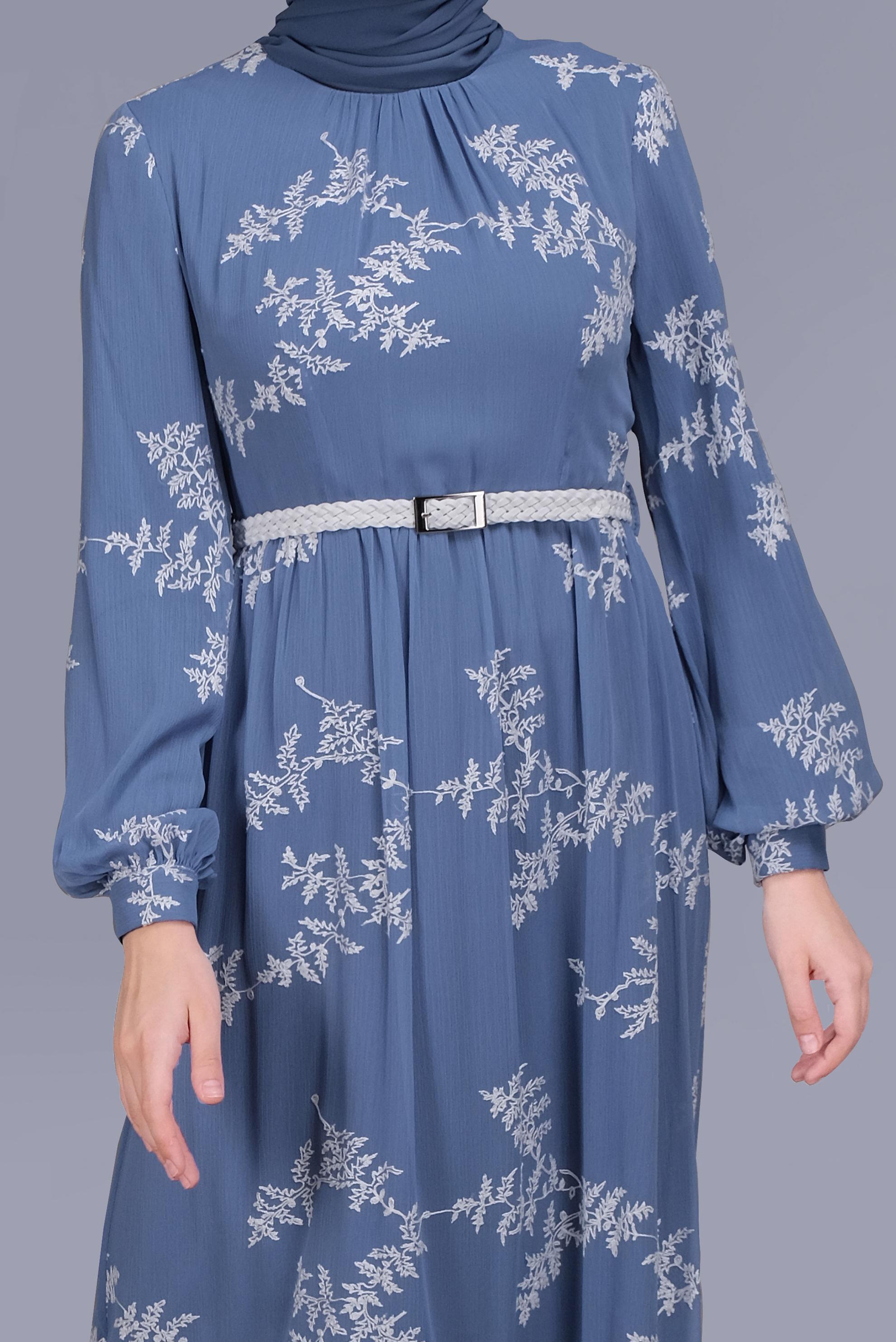 Tesettür giyim MAVİ NAKIŞLI ELBİSE 41622 