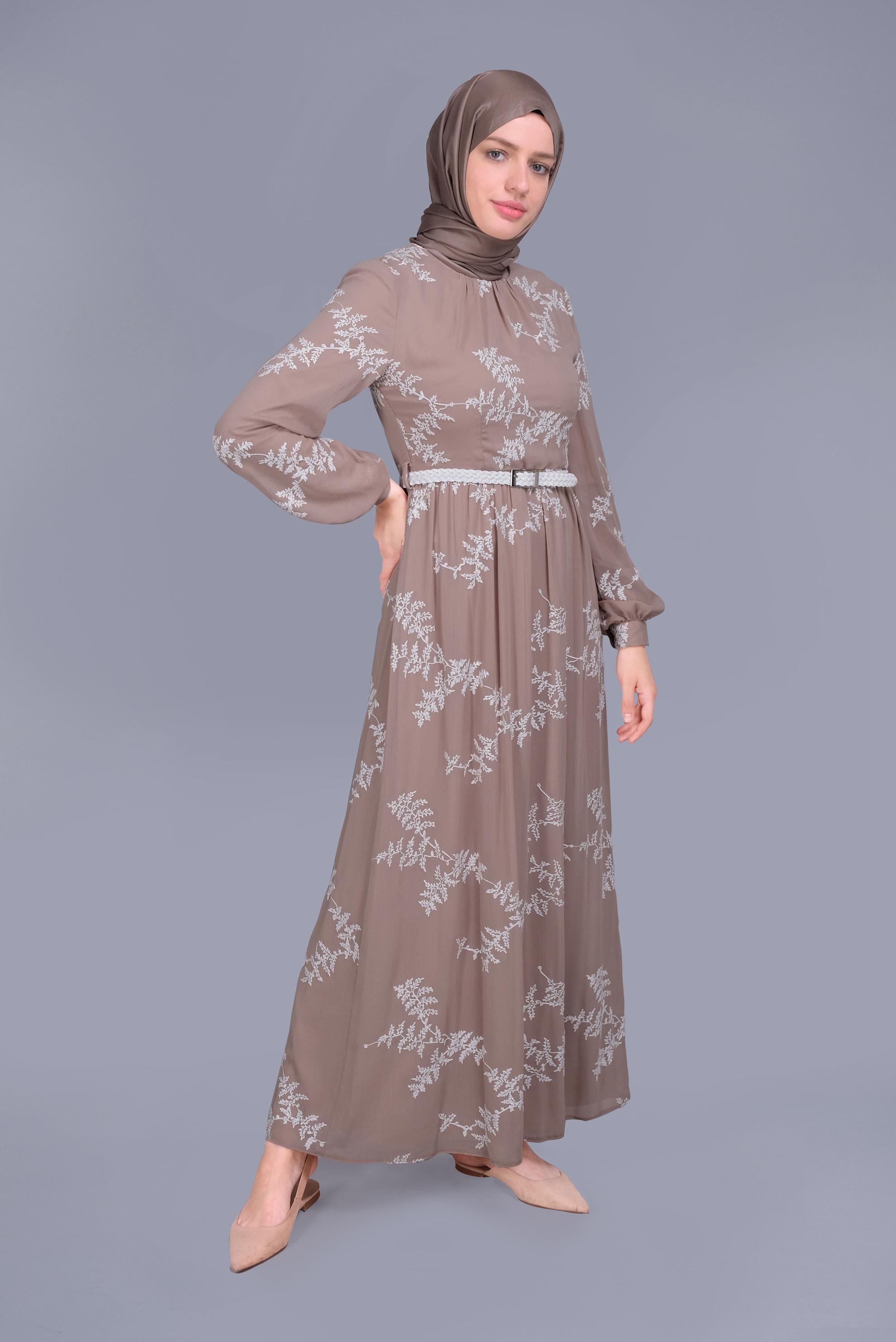 Tesettür giyim VİZON NAKIŞLI ELBİSE 41622 