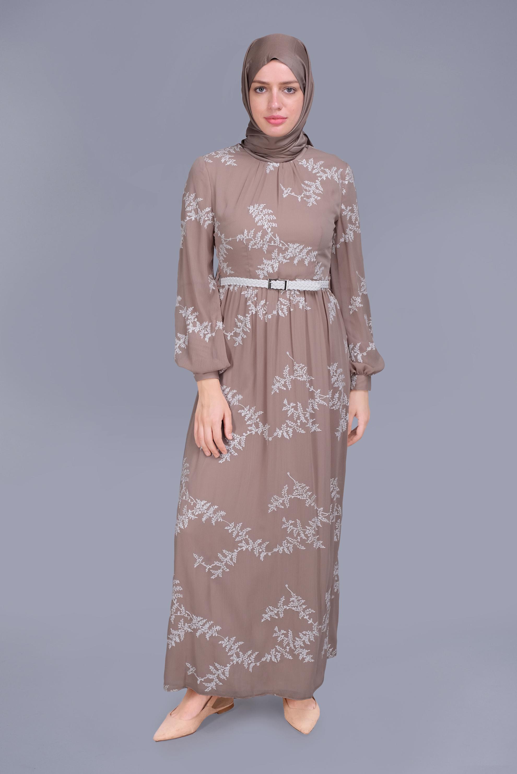 Tesettür giyim VİZON NAKIŞLI ELBİSE 41622 