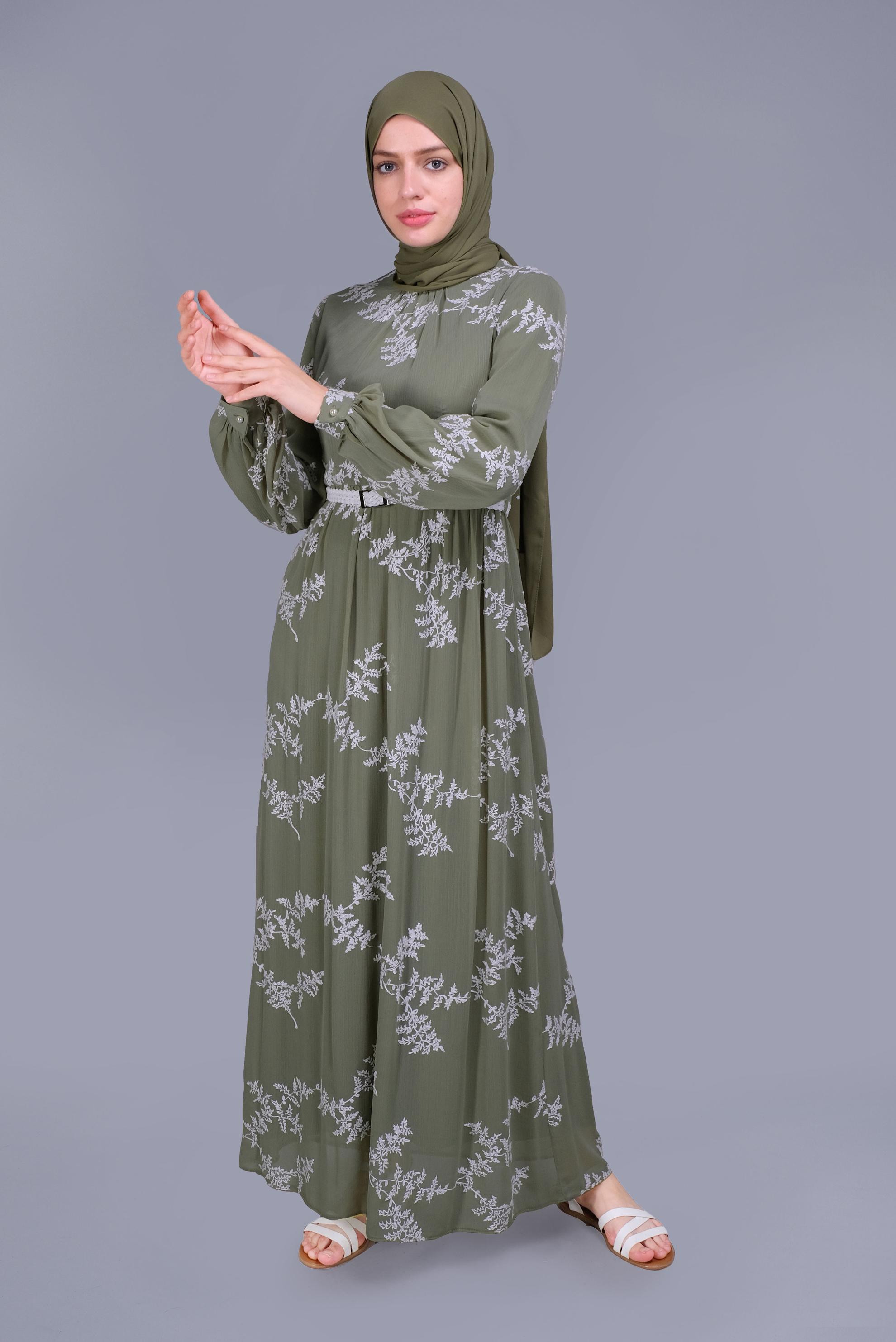 Tesettür giyim YEŞİL NAKIŞLI ELBİSE 41622 