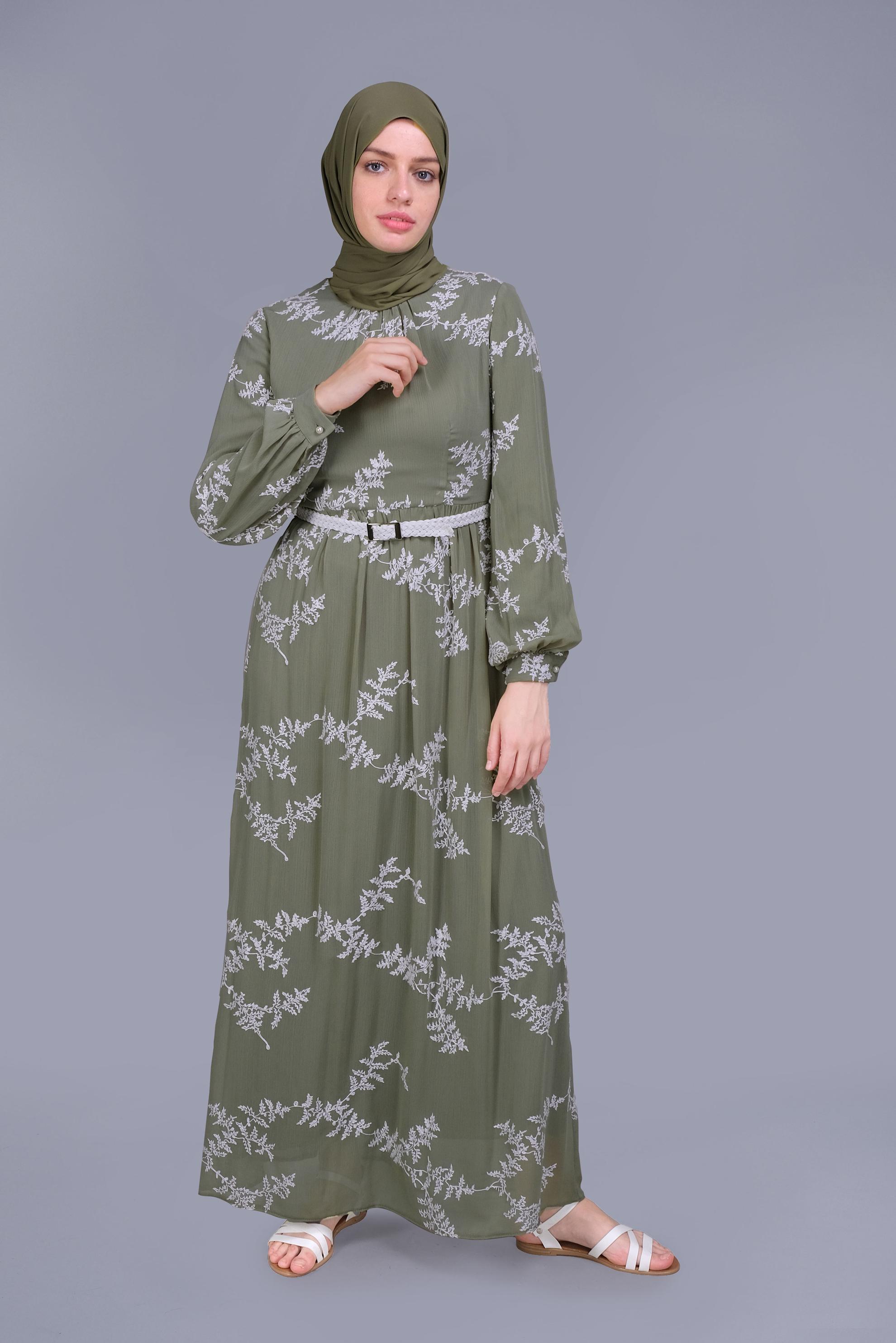 Tesettür giyim YEŞİL NAKIŞLI ELBİSE 41622 