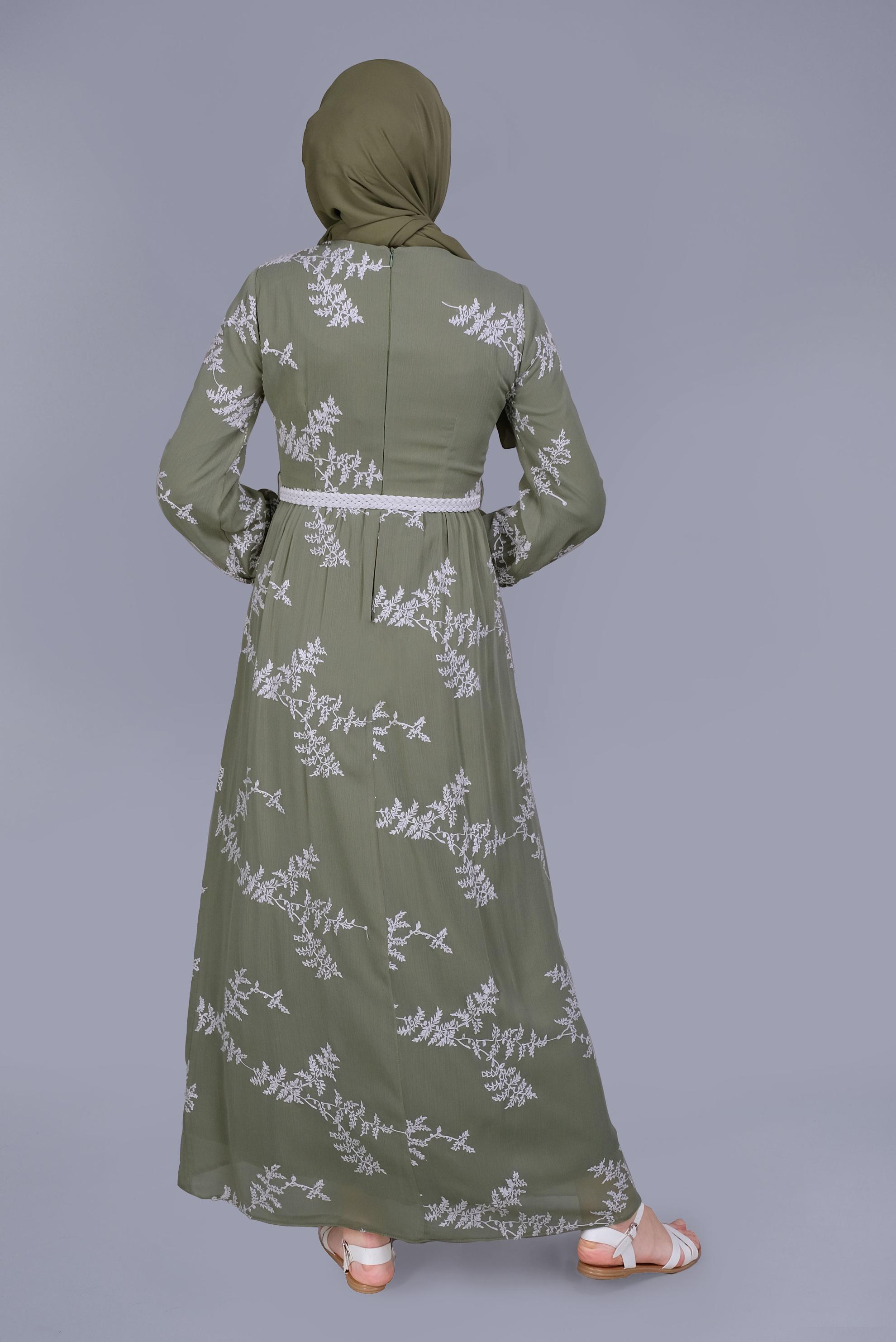 Tesettür giyim YEŞİL NAKIŞLI ELBİSE 41622 