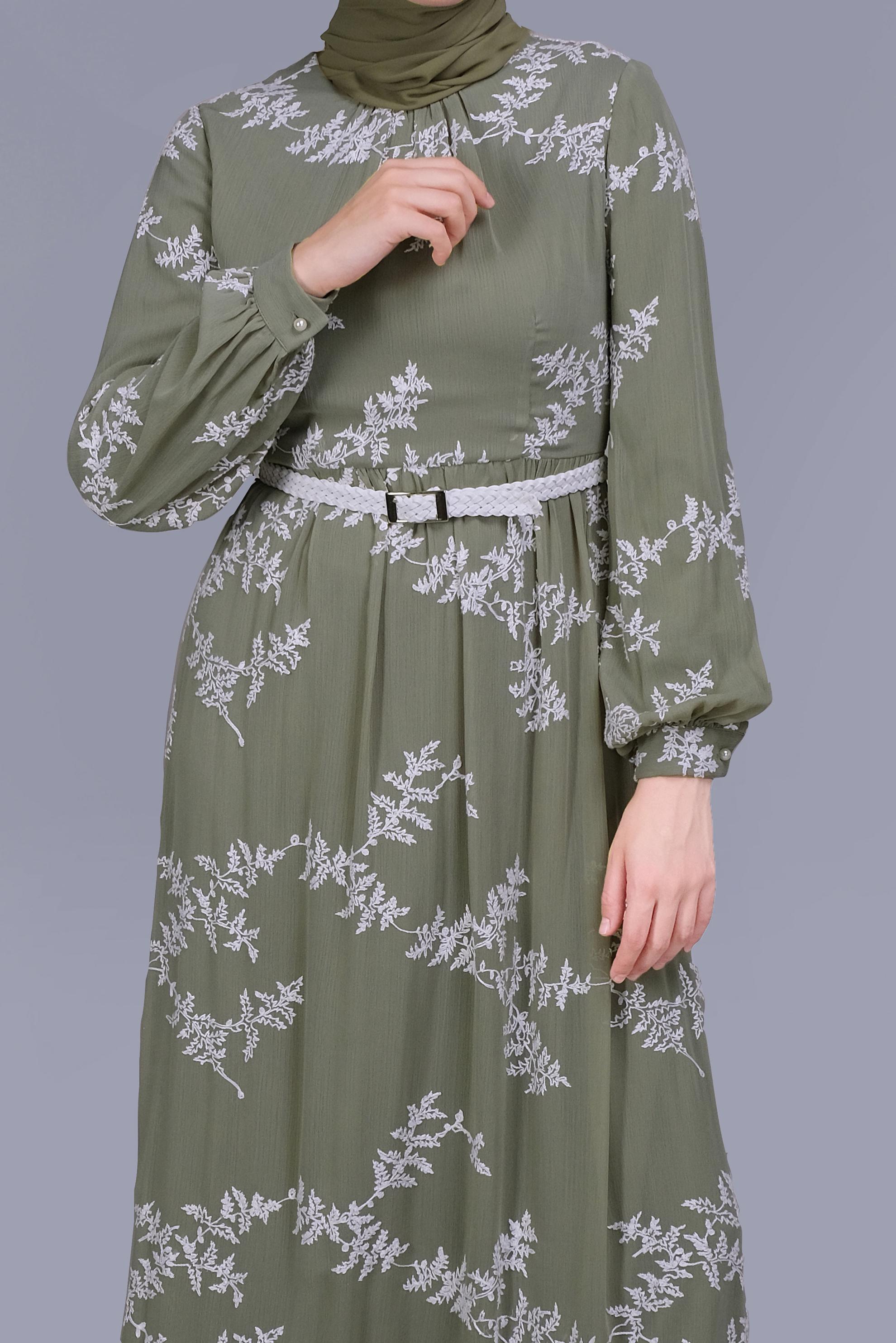 Tesettür giyim YEŞİL NAKIŞLI ELBİSE 41622 