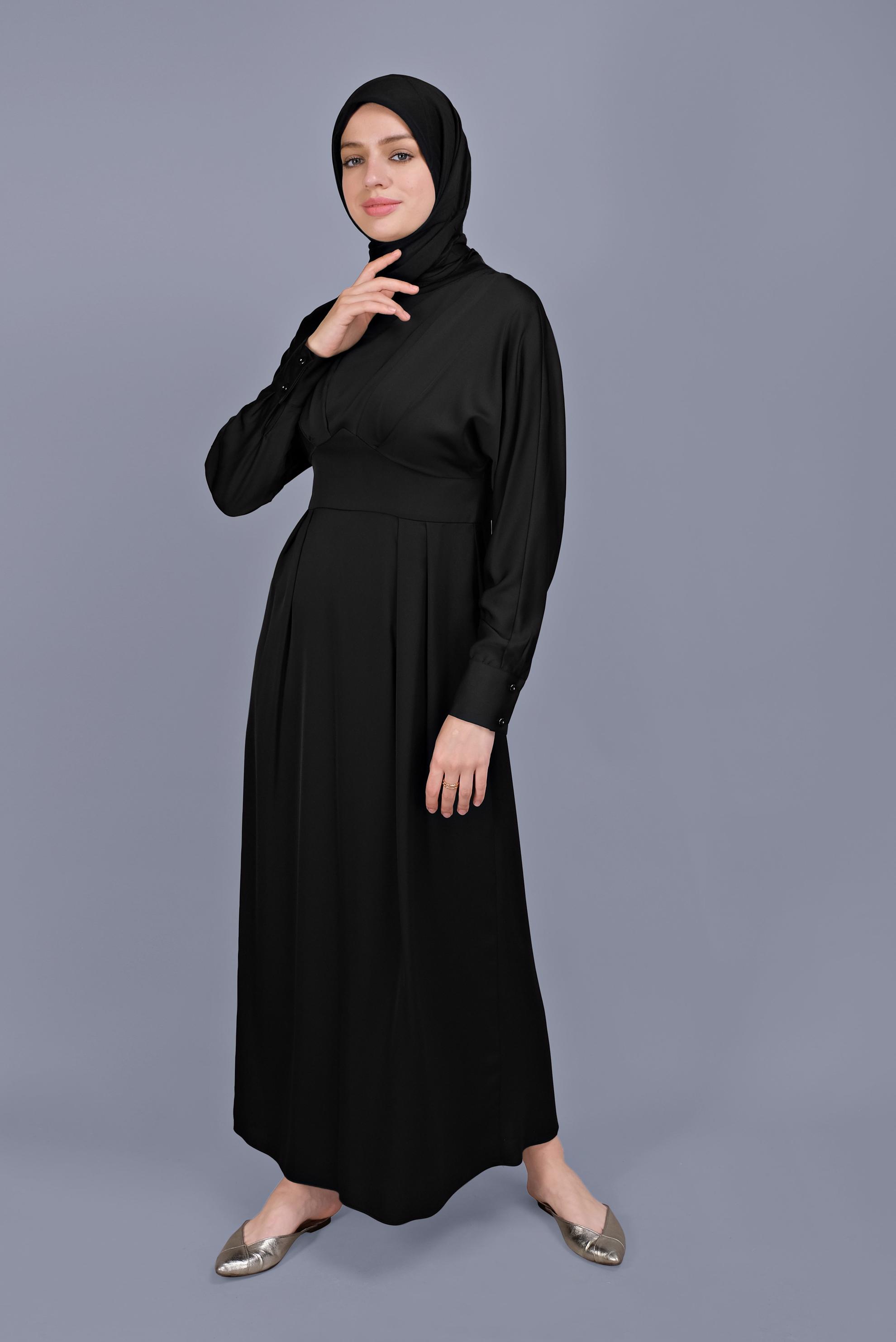Tesettür giyim SİYAH YUVARLAK YAKA SATEN ELBİSE 41624 
