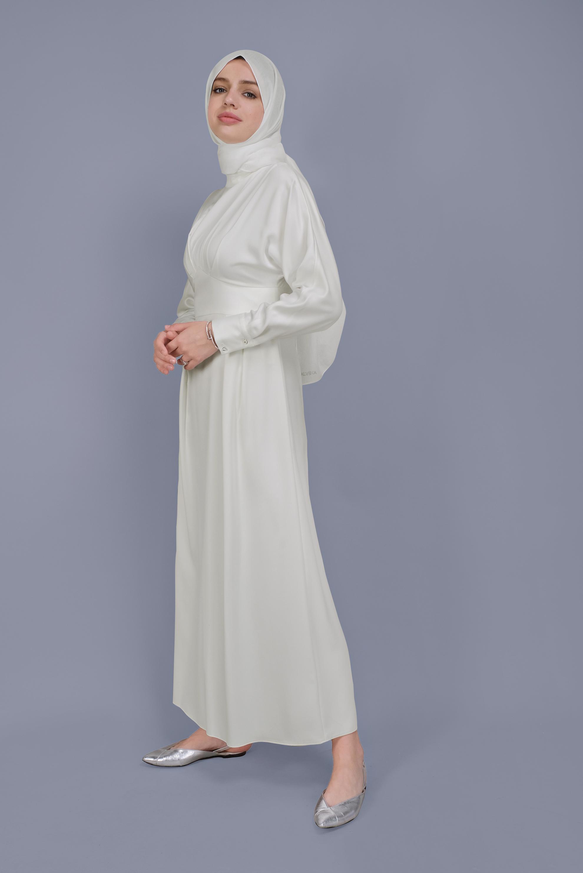 Tesettür giyim BEYAZ YUVARLAK YAKA SATEN ELBİSE 41624 