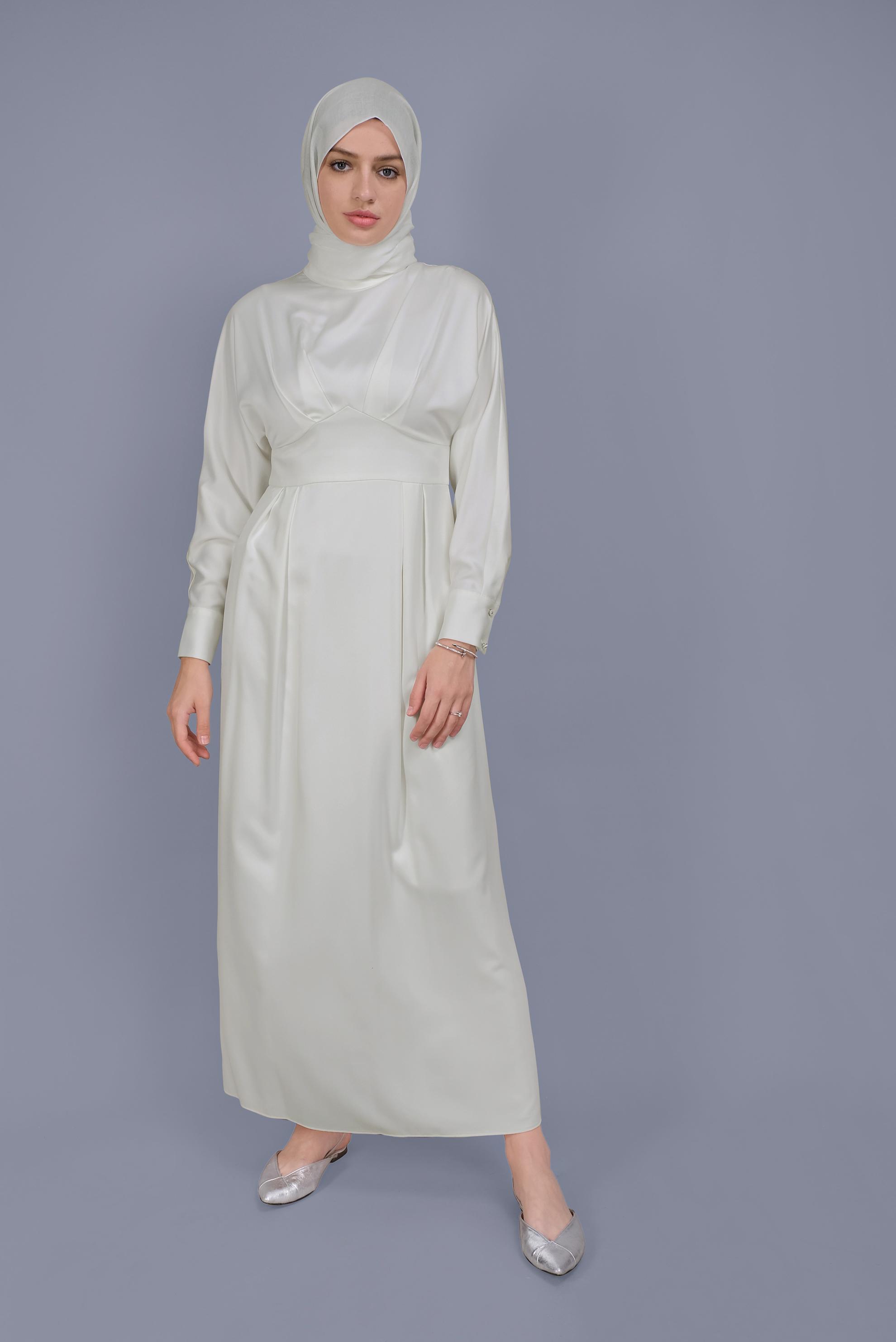 Tesettür giyim BEYAZ YUVARLAK YAKA SATEN ELBİSE 41624 