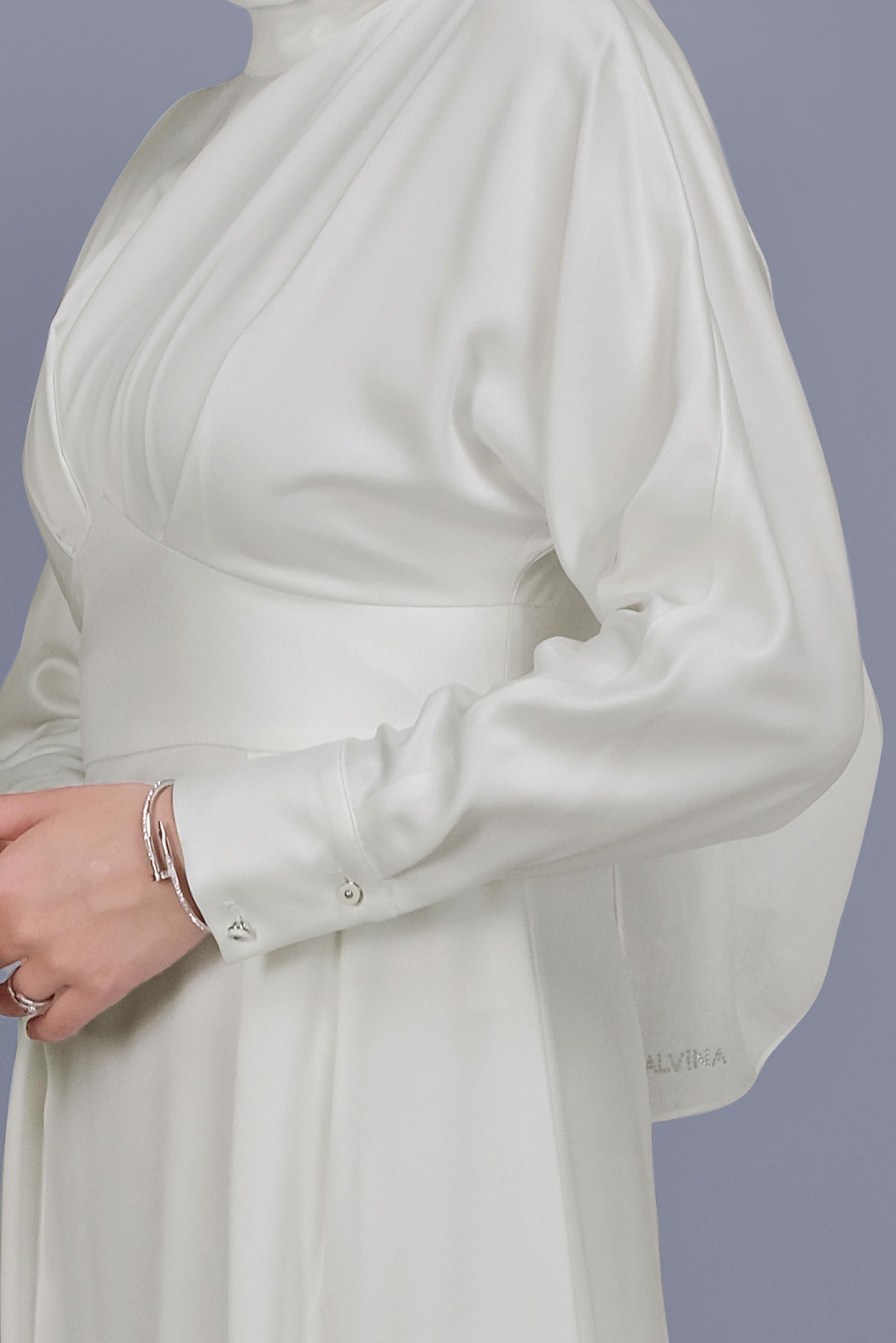 Tesettür giyim BEYAZ YUVARLAK YAKA SATEN ELBİSE 41624 