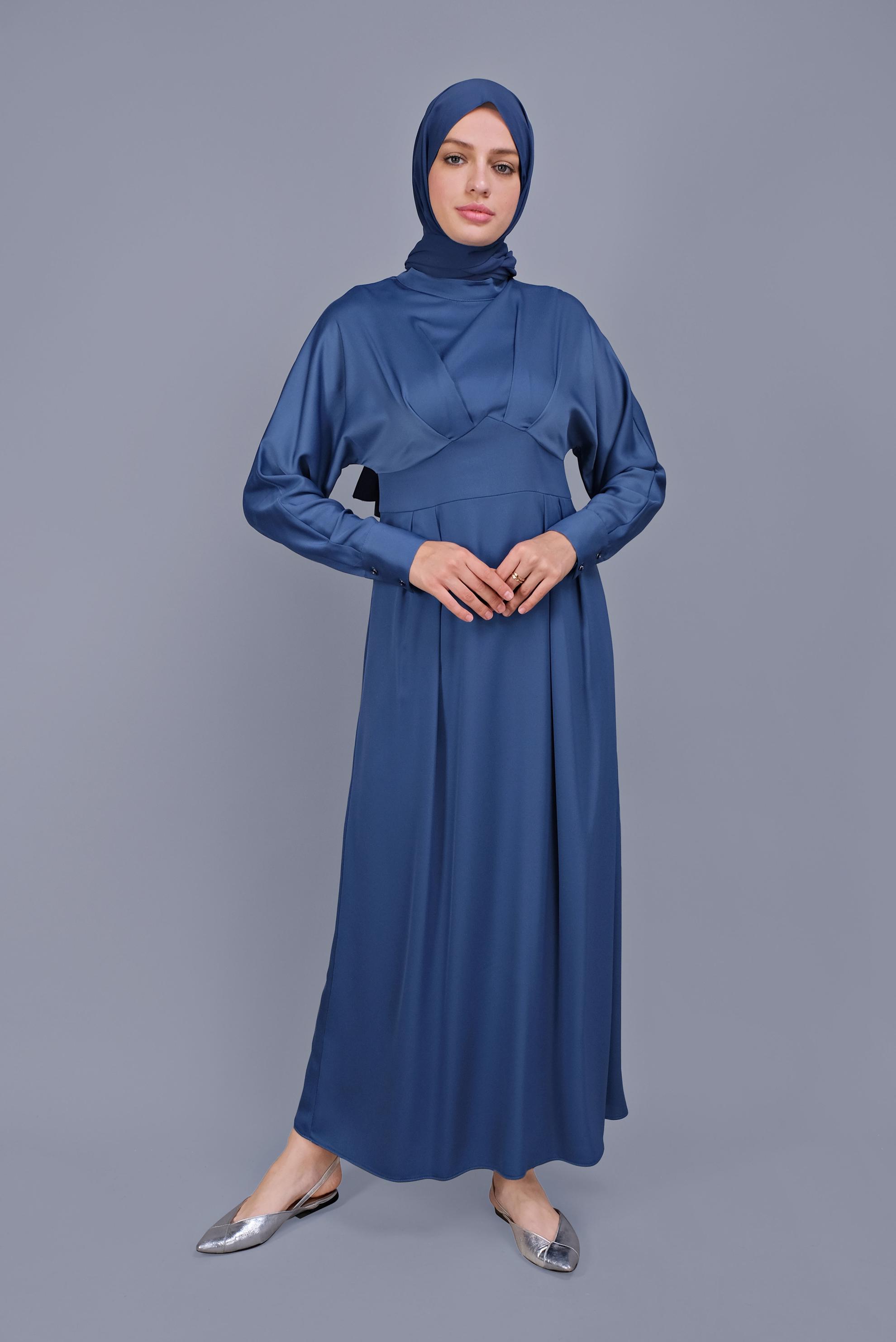 Tesettür giyim LACİVERT YUVARLAK YAKA SATEN ELBİSE 41624 