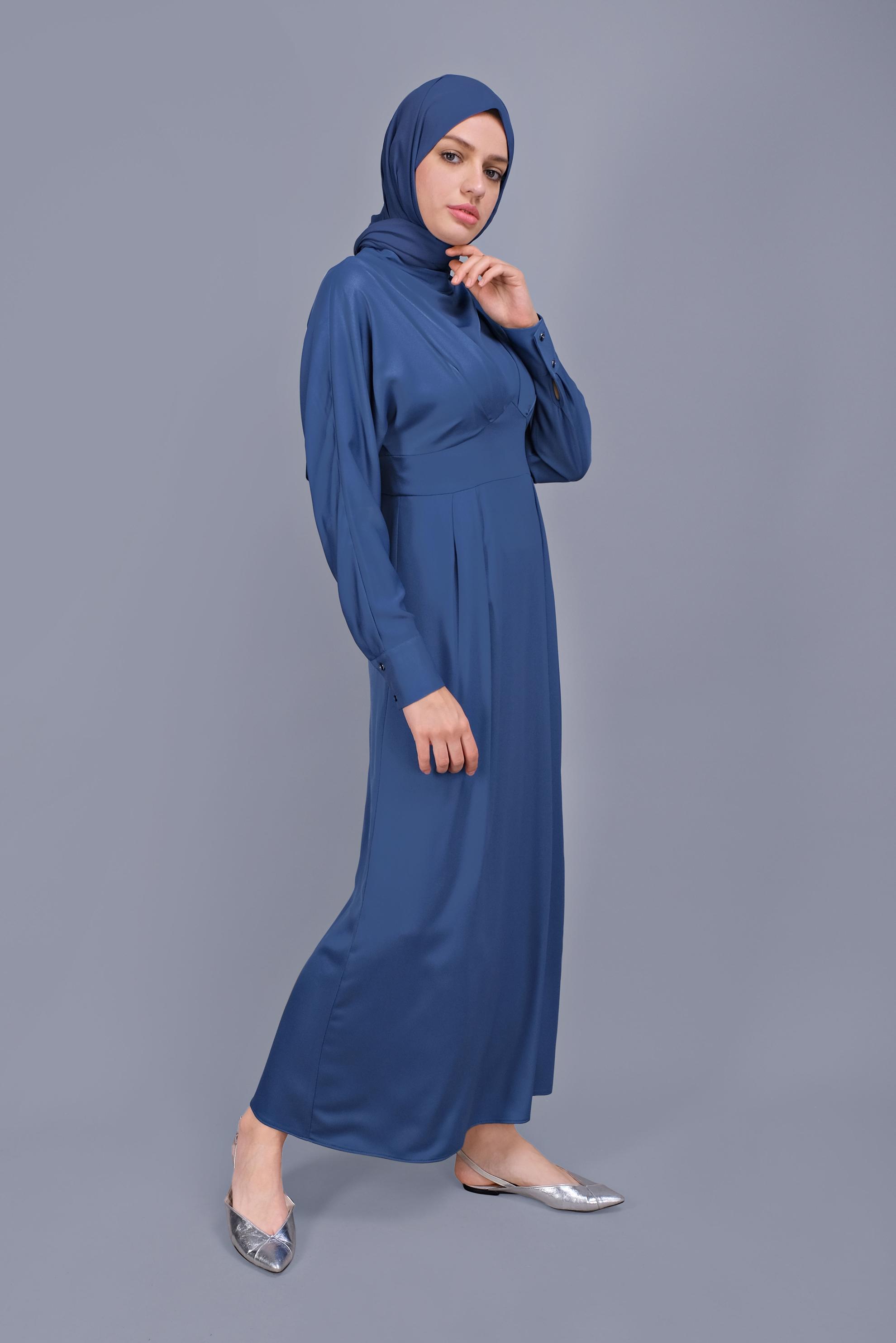 Tesettür giyim LACİVERT YUVARLAK YAKA SATEN ELBİSE 41624 
