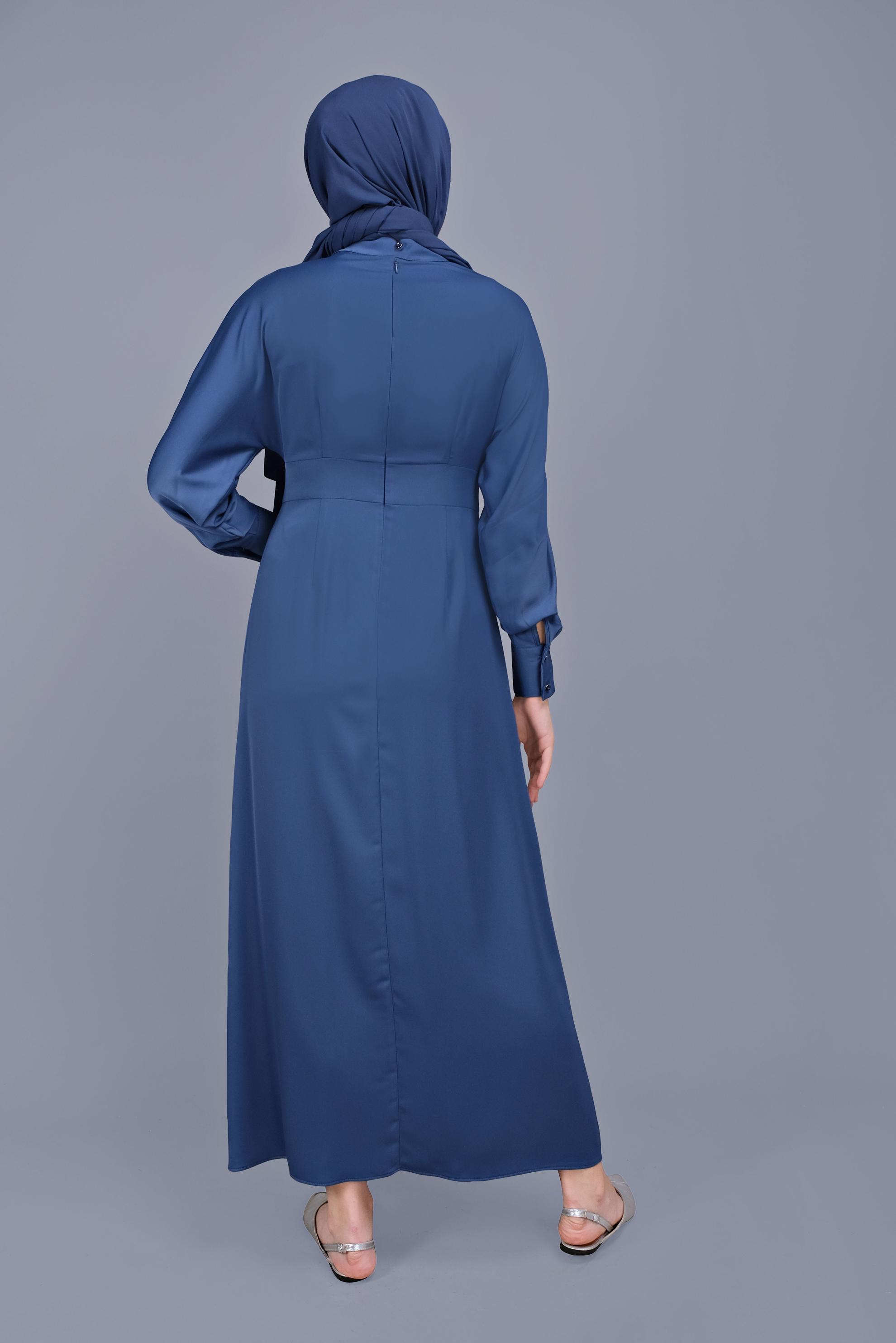 Tesettür giyim LACİVERT YUVARLAK YAKA SATEN ELBİSE 41624 