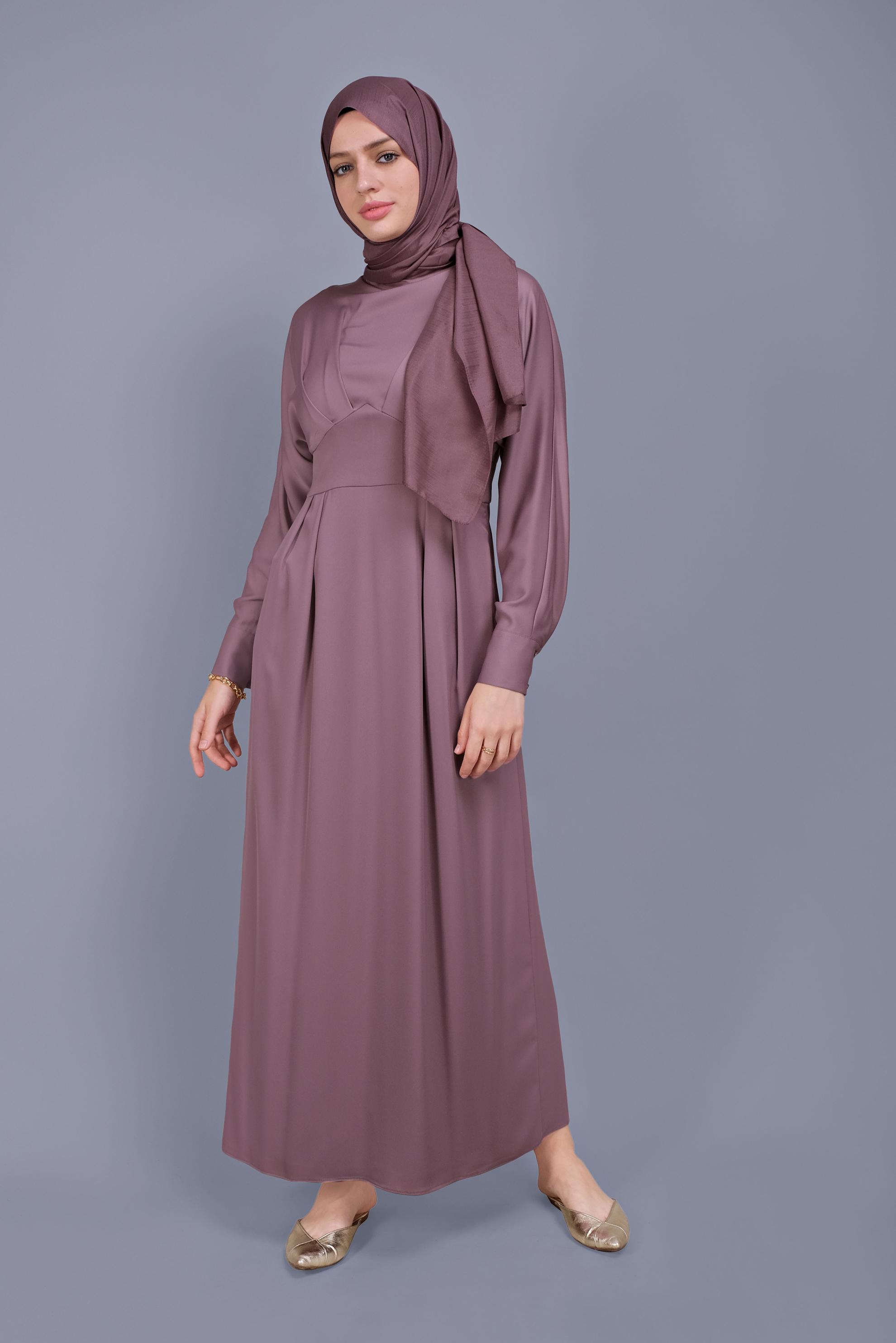 Tesettür giyim MOR YUVARLAK YAKA SATEN ELBİSE 41624 
