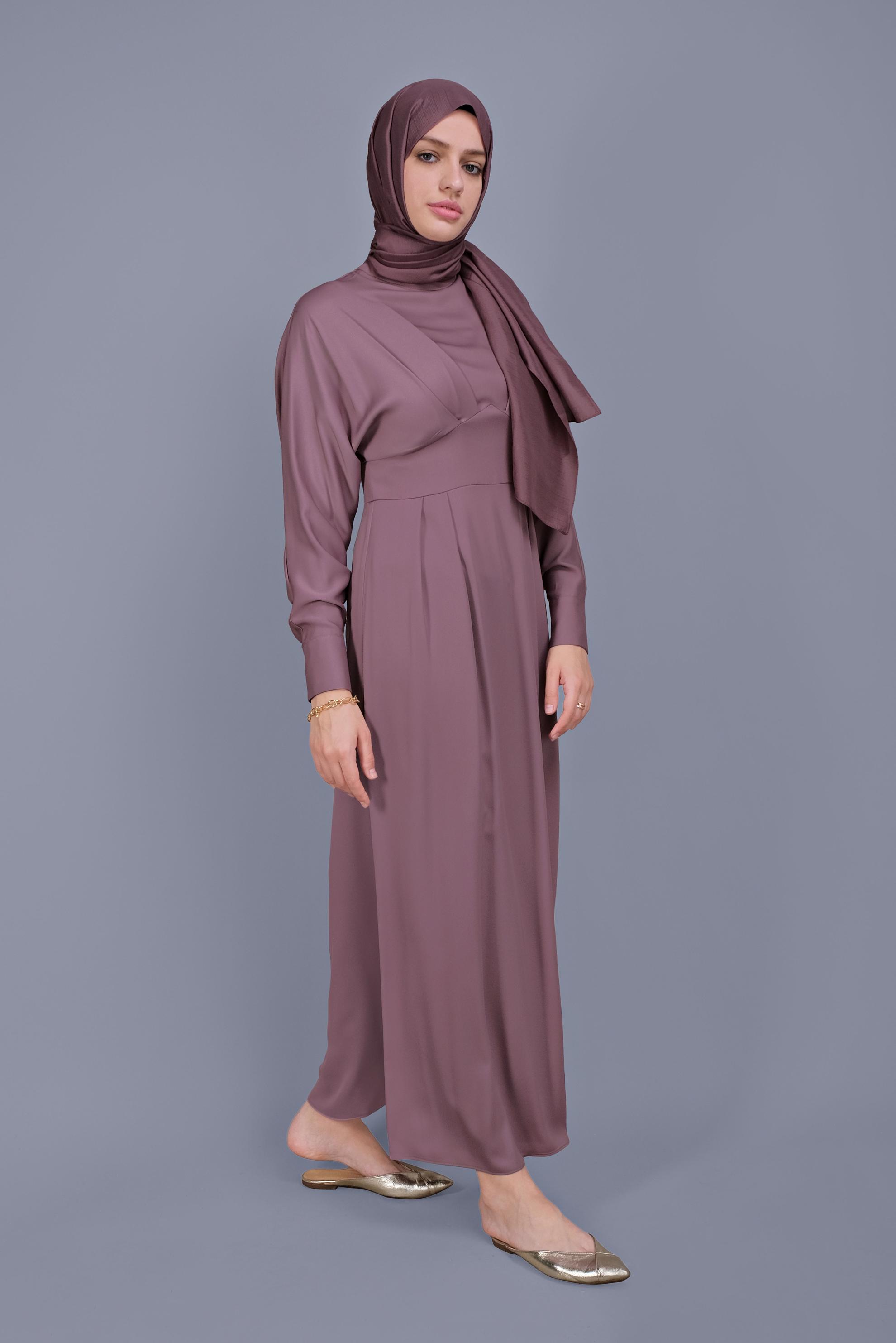 Tesettür giyim MOR YUVARLAK YAKA SATEN ELBİSE 41624 