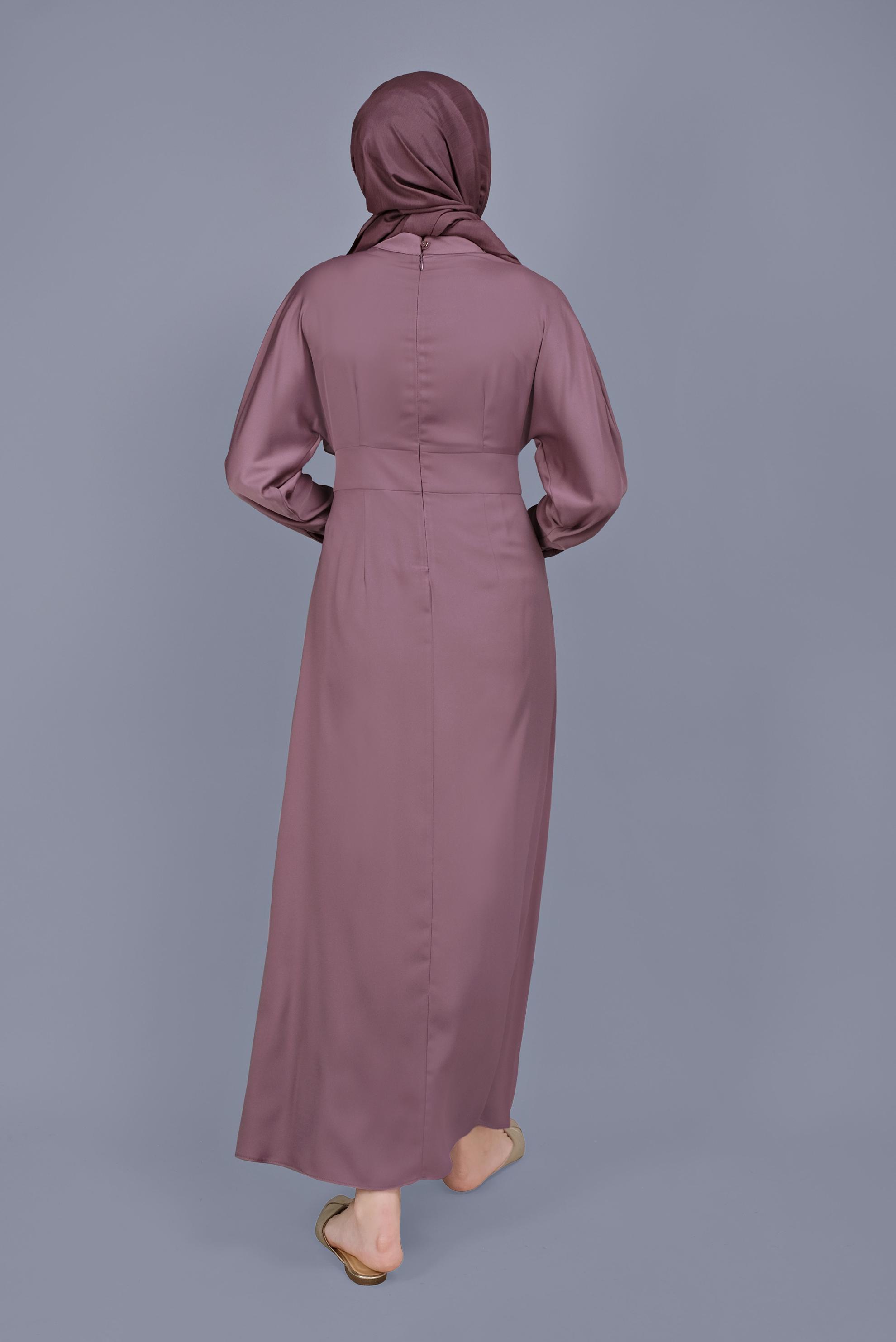 Tesettür giyim MOR YUVARLAK YAKA SATEN ELBİSE 41624 