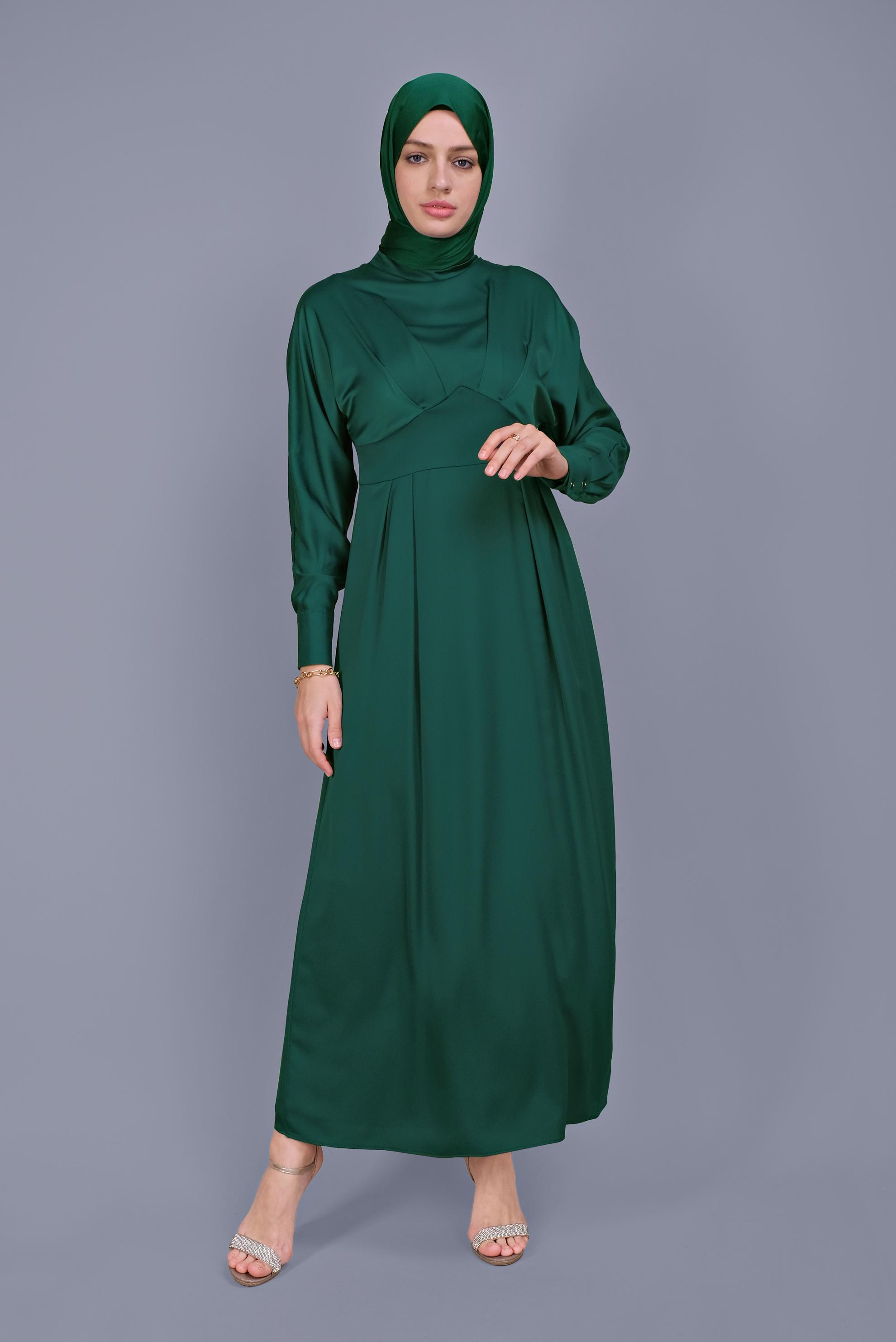 Tesettür giyim YEŞİL YUVARLAK YAKA SATEN ELBİSE 41624 