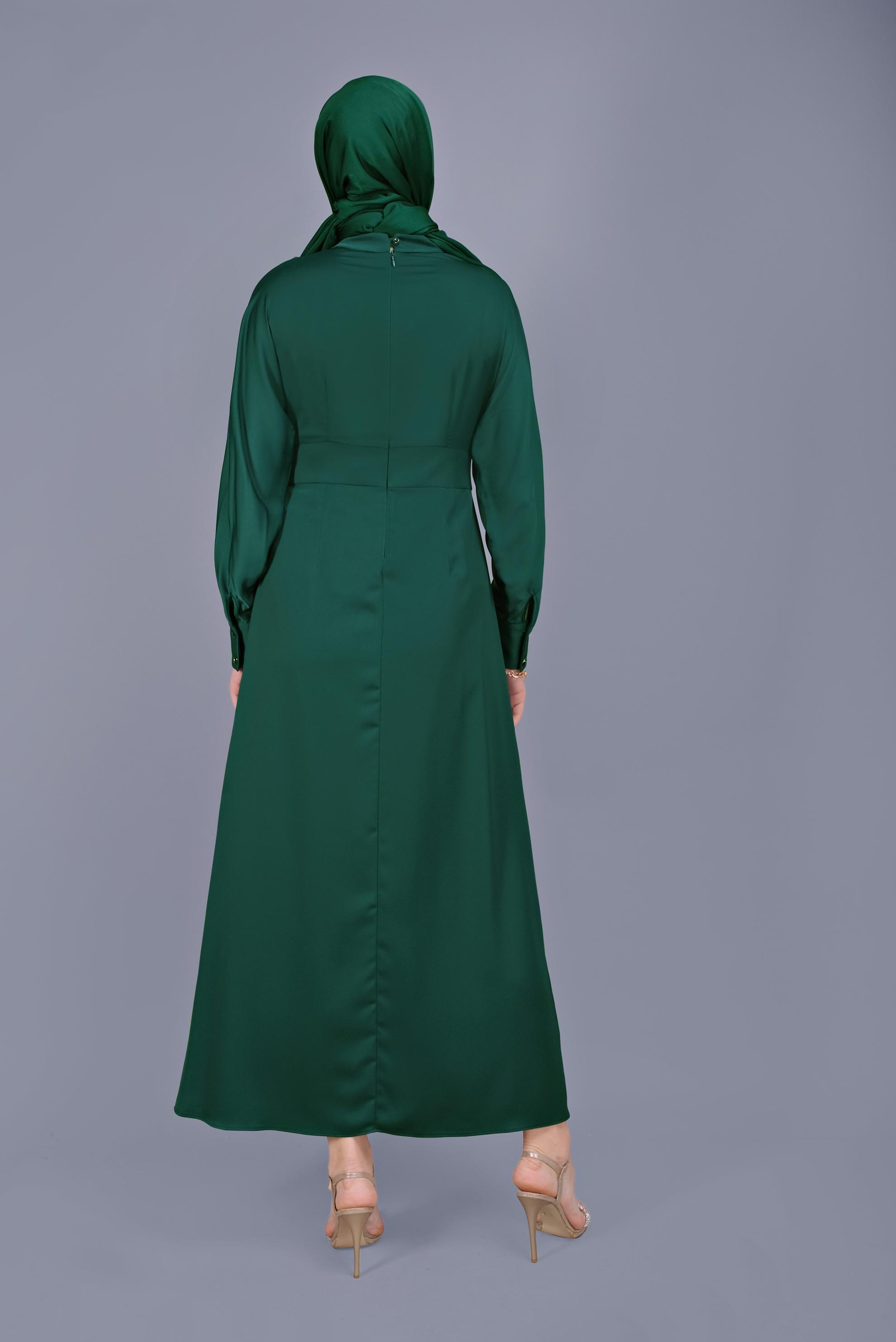 Tesettür giyim YEŞİL YUVARLAK YAKA SATEN ELBİSE 41624 