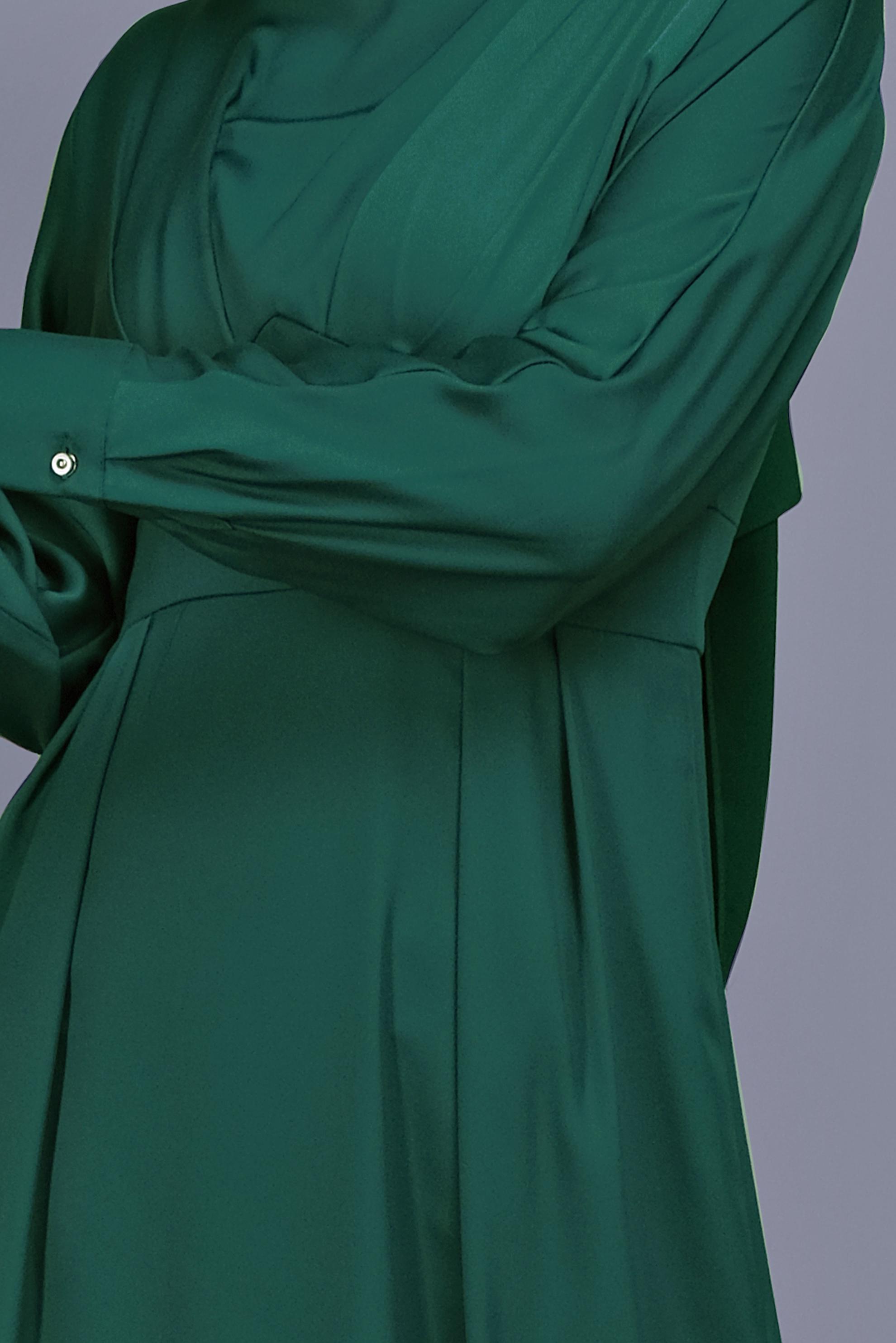 Tesettür giyim YEŞİL YUVARLAK YAKA SATEN ELBİSE 41624 