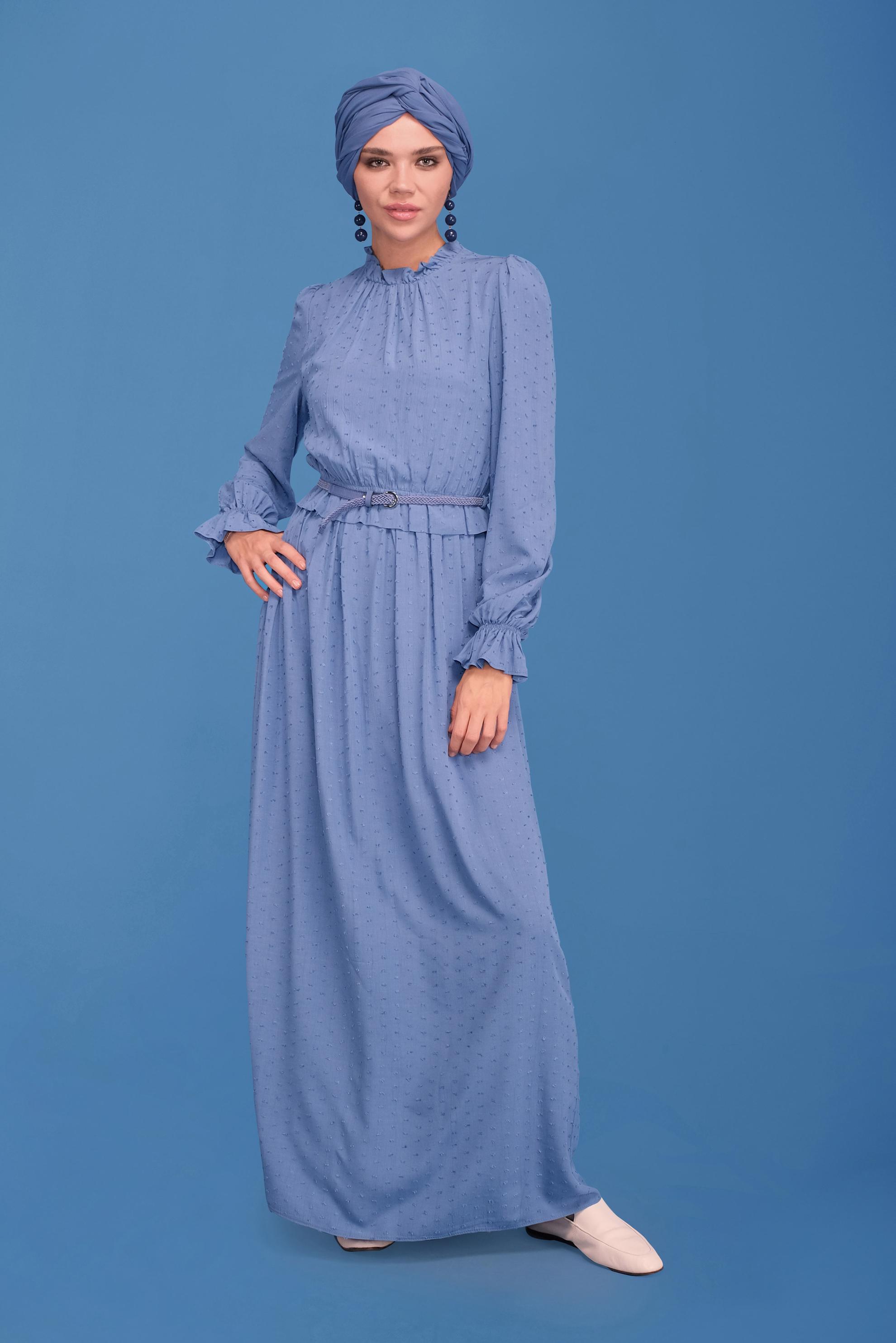 Tesettür giyim LACİVERT MANŞETLERİ LASTİKLİ YAKASI BÜZGÜLÜ ELBİSE 41629 