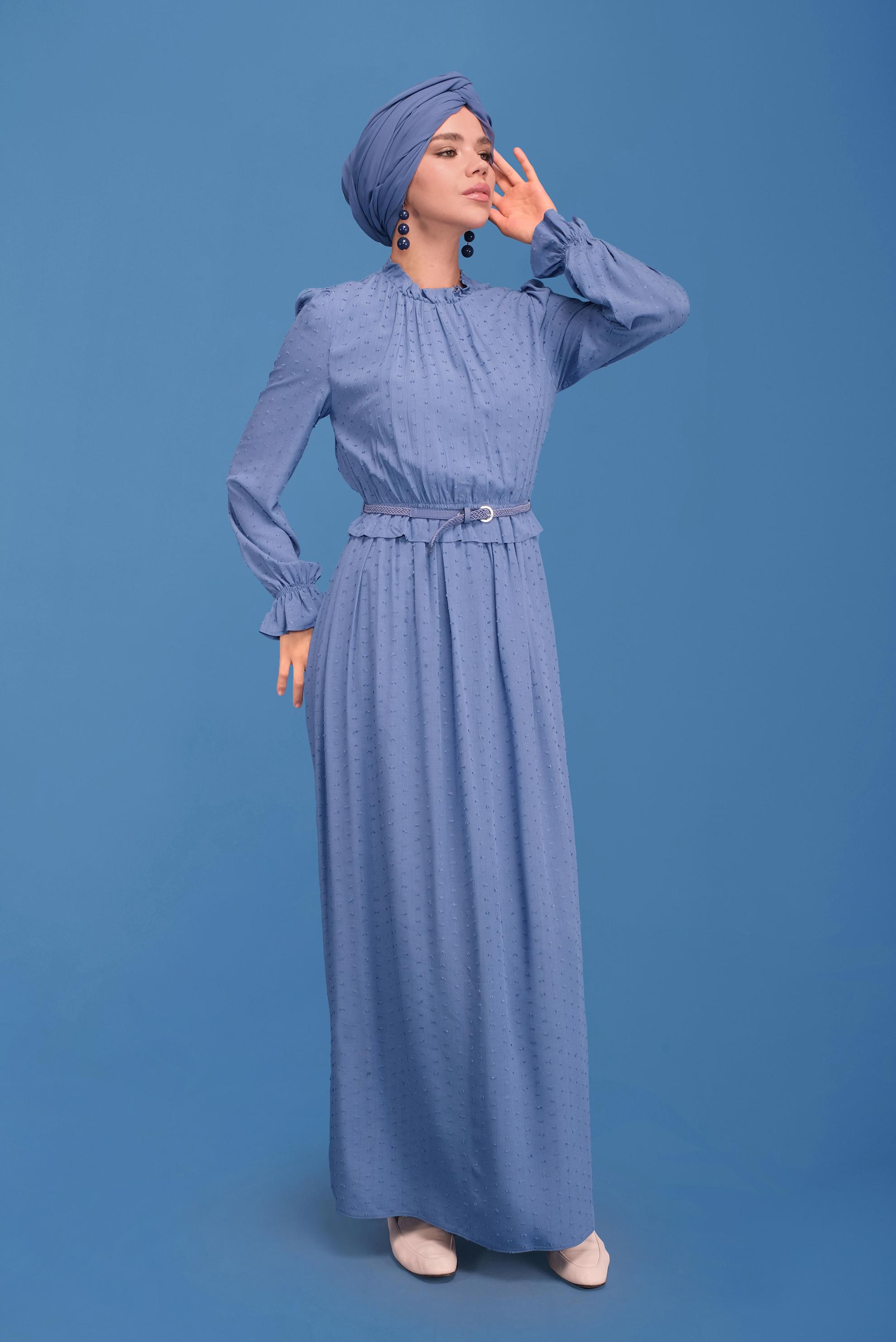 Tesettür giyim LACİVERT MANŞETLERİ LASTİKLİ YAKASI BÜZGÜLÜ ELBİSE 41629 