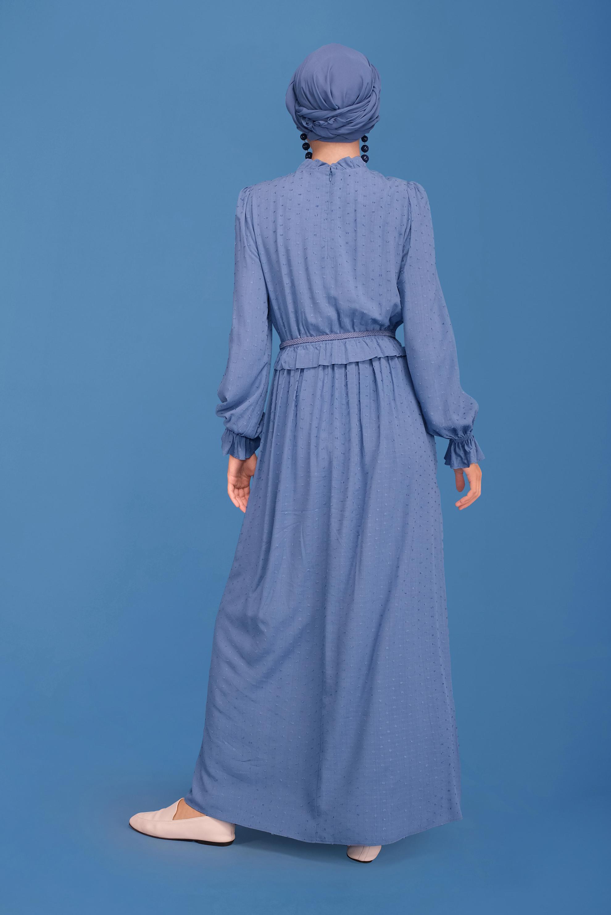 Tesettür giyim LACİVERT MANŞETLERİ LASTİKLİ YAKASI BÜZGÜLÜ ELBİSE 41629 