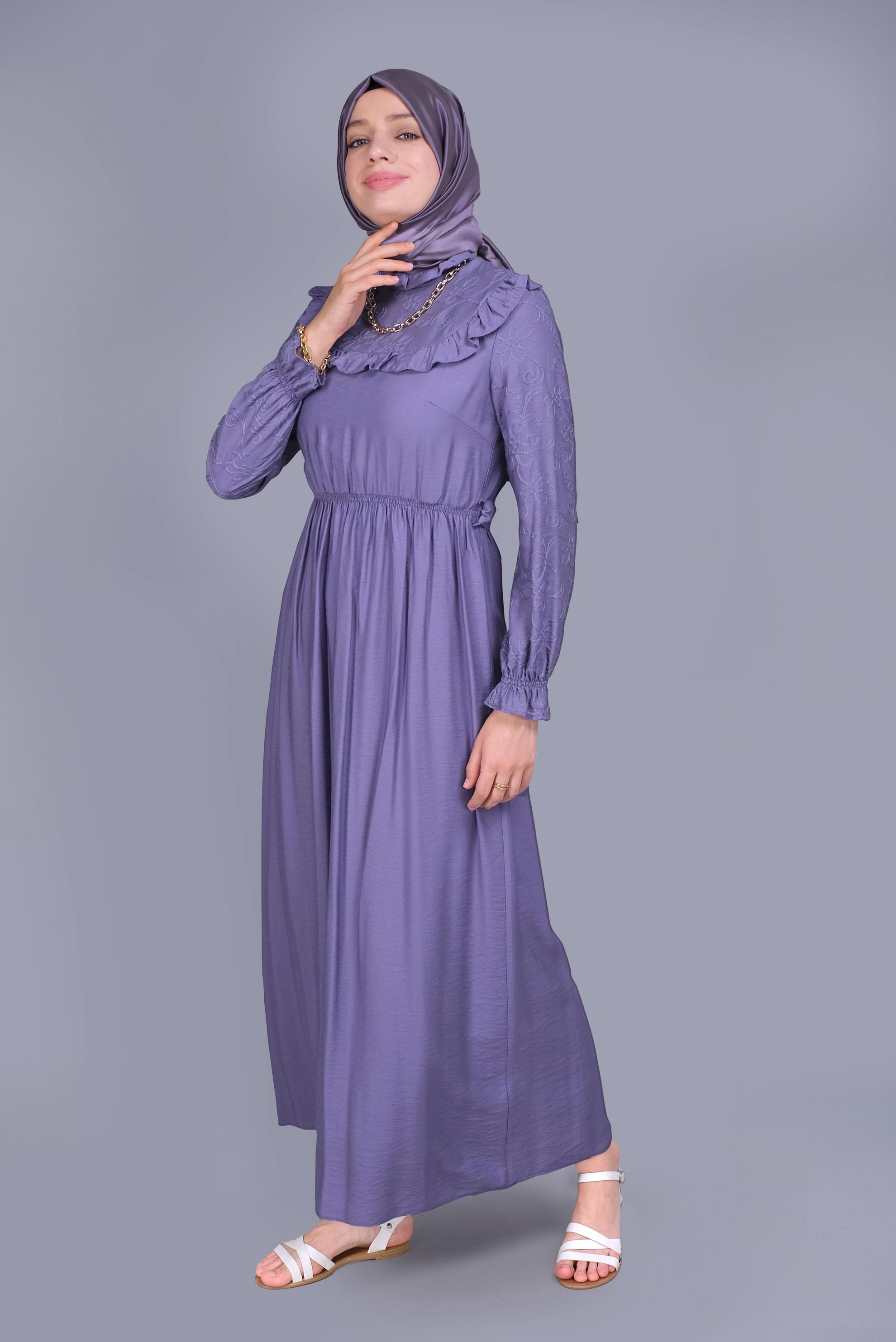 Tesettür giyim MOR FIRFIRLI KUŞAKLI ELBİSE 41644 