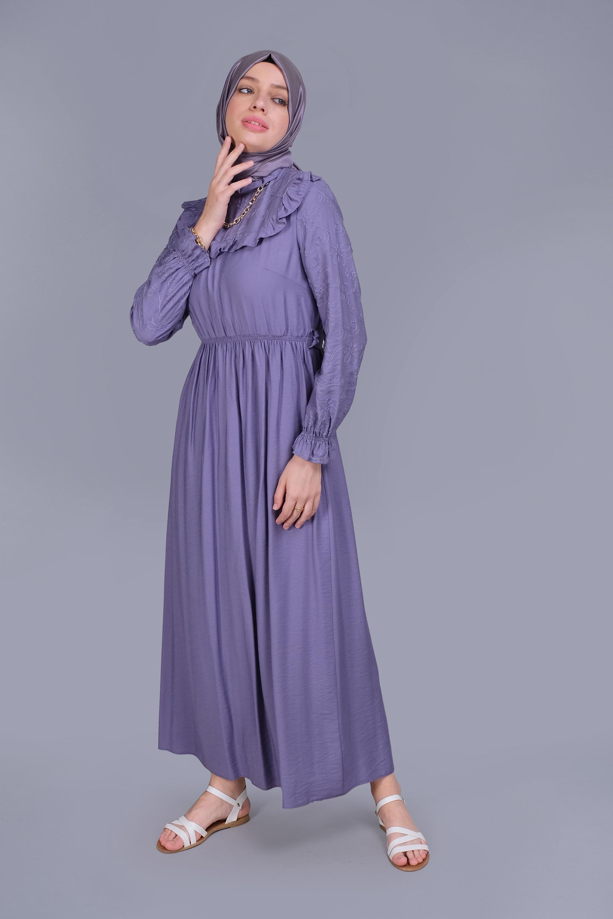 Tesettür giyim MOR FIRFIRLI KUŞAKLI ELBİSE 41644 