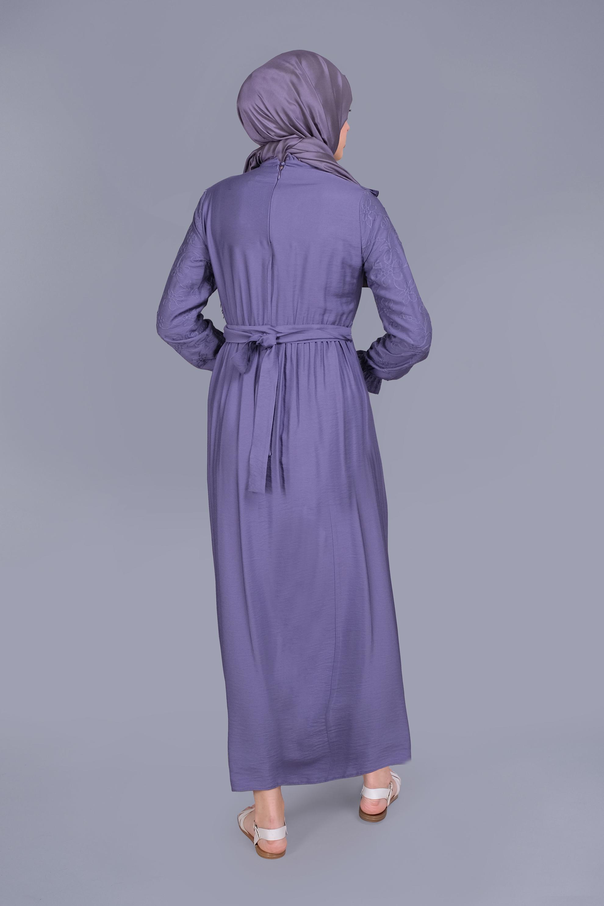 Tesettür giyim MOR FIRFIRLI KUŞAKLI ELBİSE 41644 