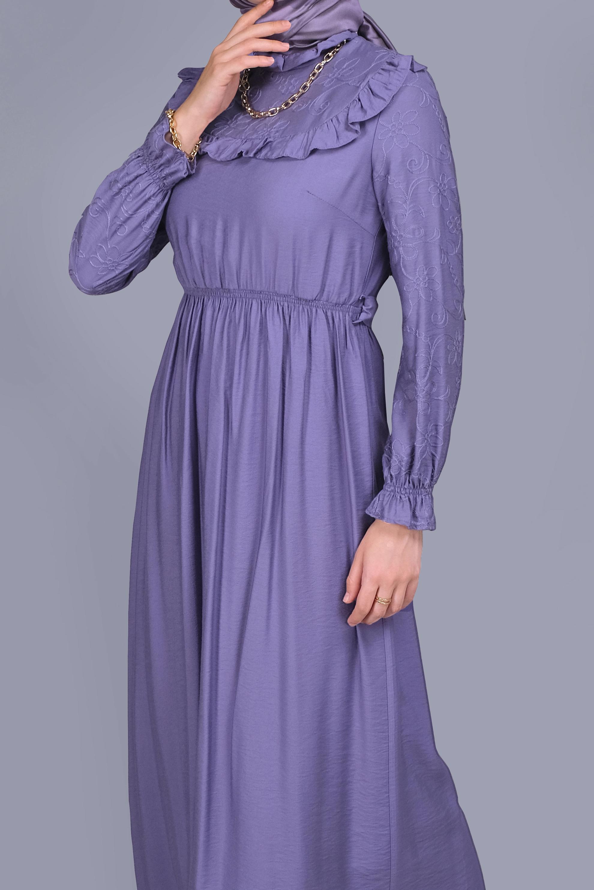 Tesettür giyim MOR FIRFIRLI KUŞAKLI ELBİSE 41644 