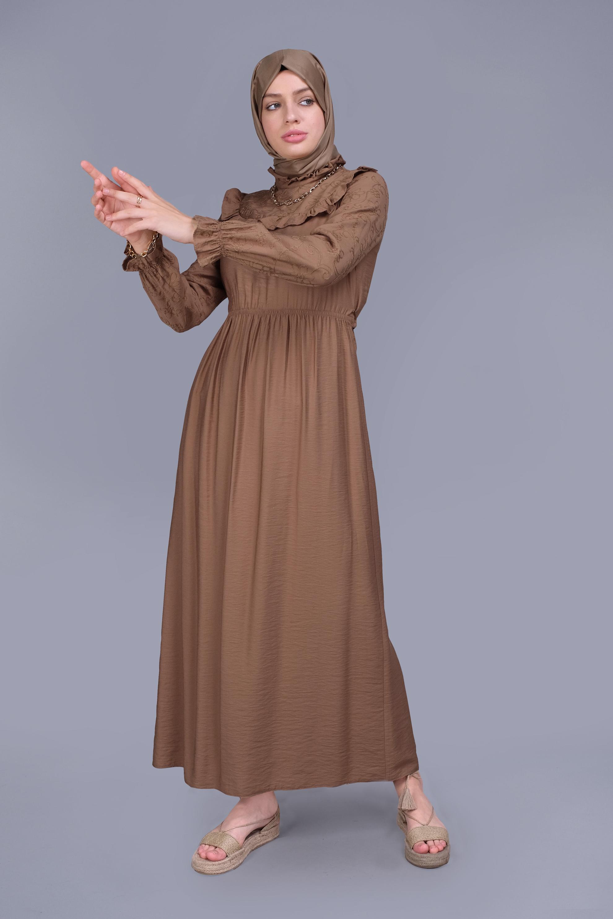 Tesettür giyim TABA FIRFIRLI KUŞAKLI ELBİSE 41644 