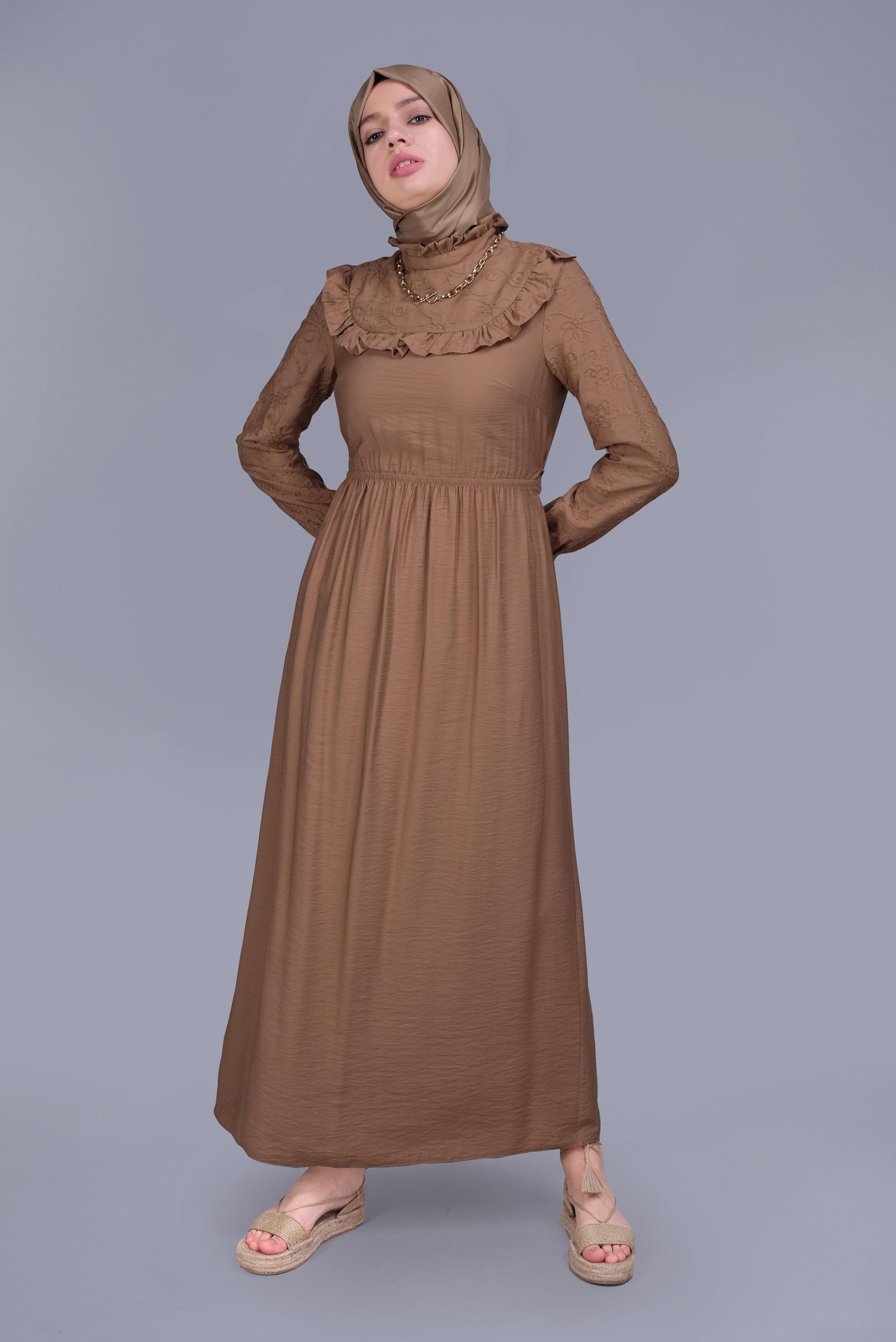 Tesettür giyim TABA FIRFIRLI KUŞAKLI ELBİSE 41644 