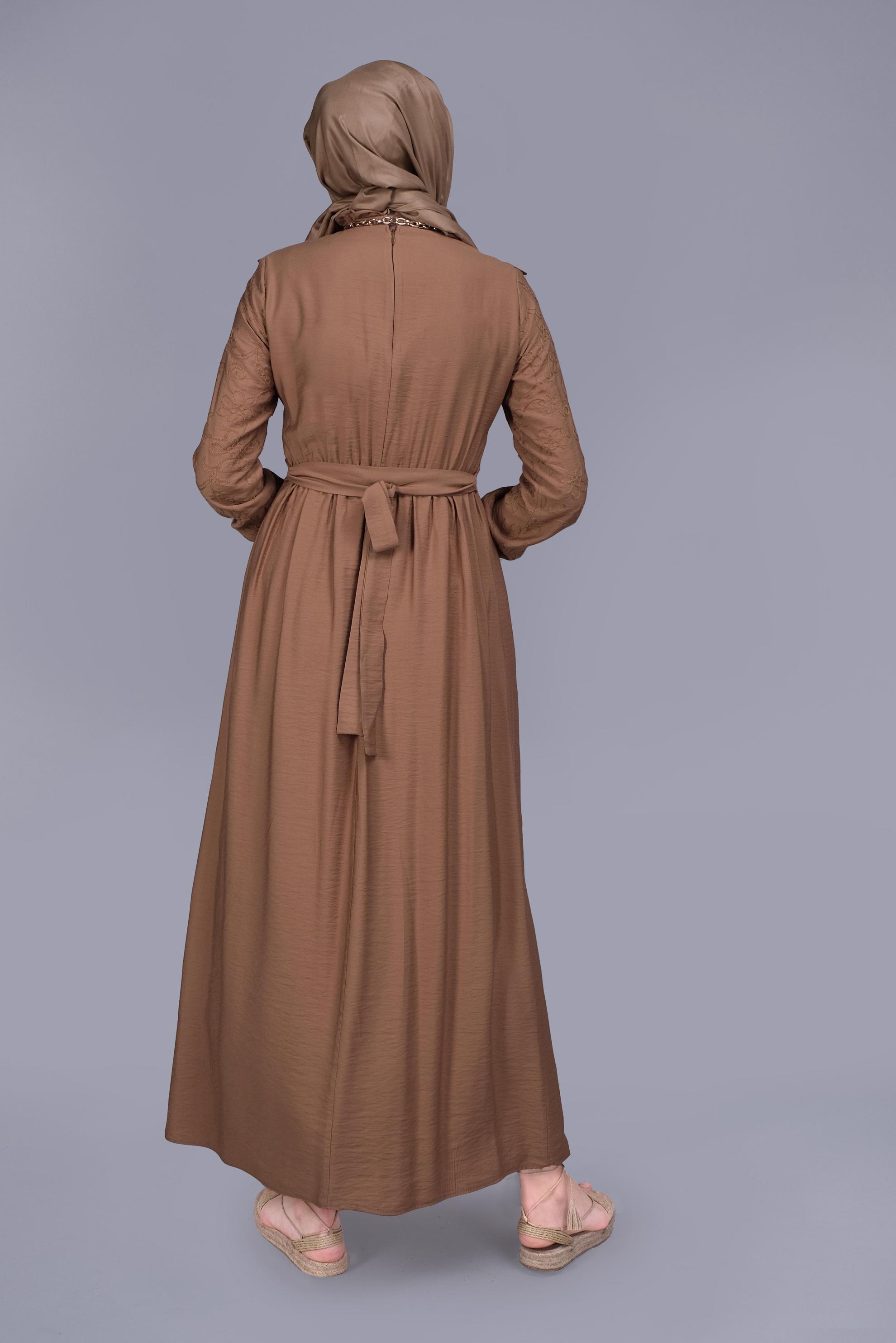 Tesettür giyim TABA FIRFIRLI KUŞAKLI ELBİSE 41644 