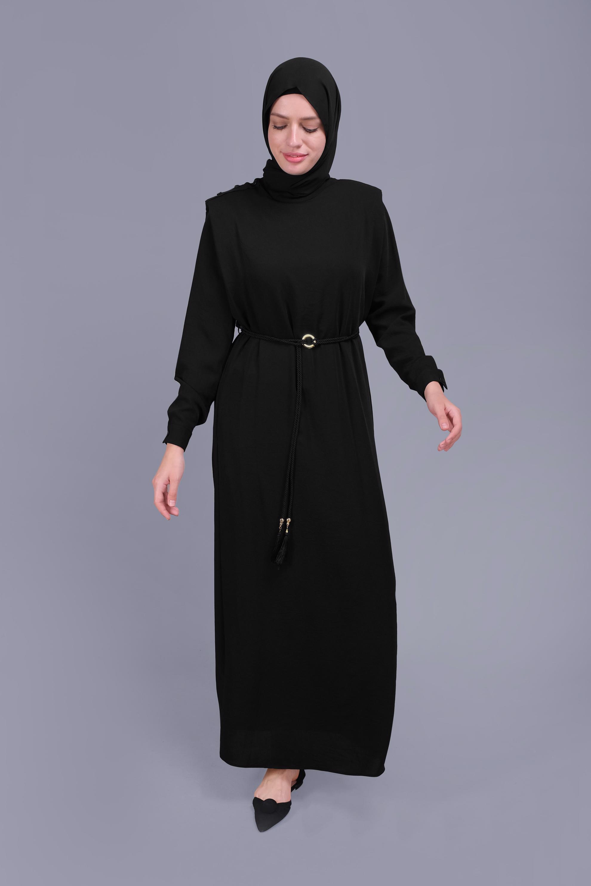 Tesettür giyim SİYAH KEMER DETAYLI ELBİSE 41645 