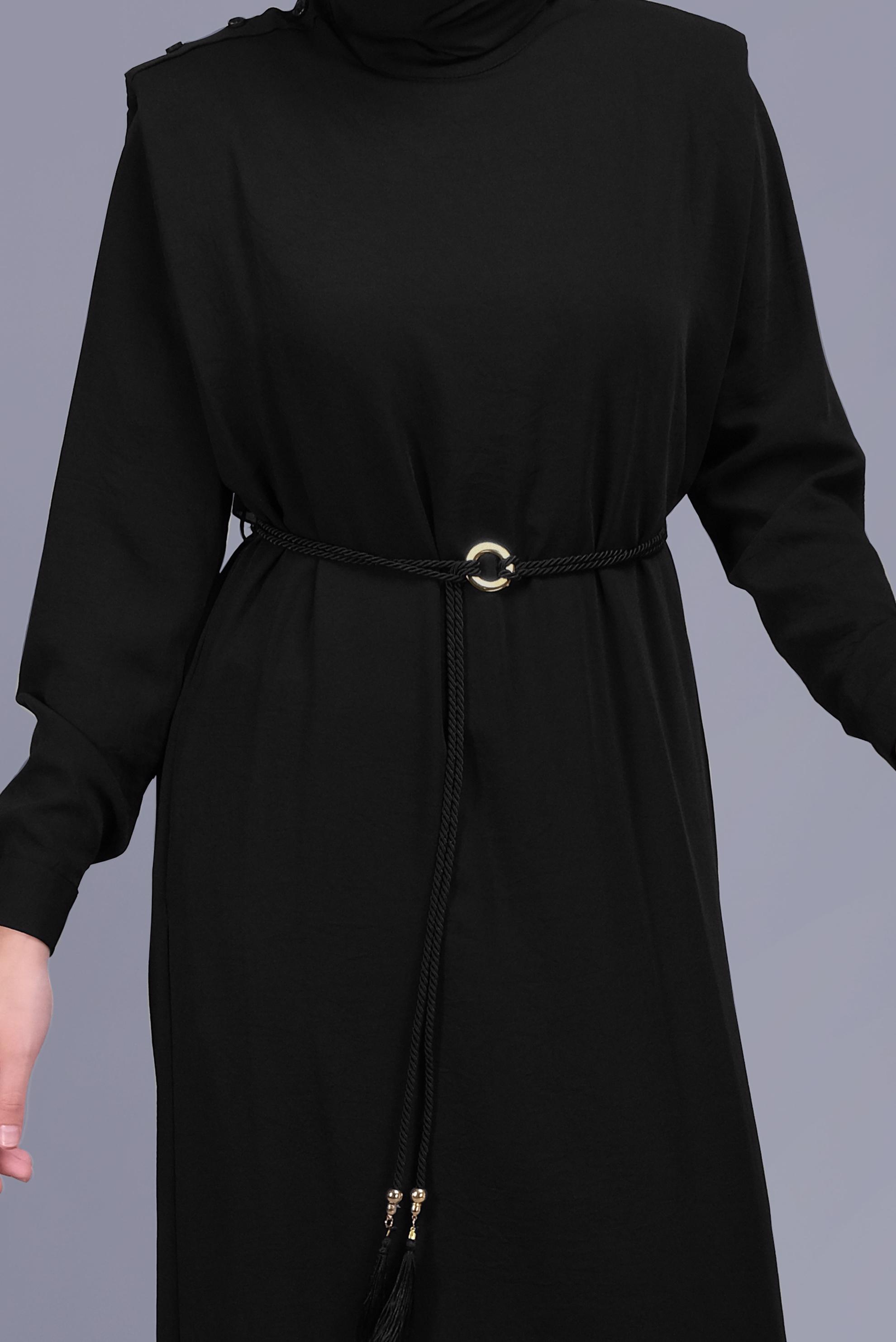 Tesettür giyim SİYAH KEMER DETAYLI ELBİSE 41645 