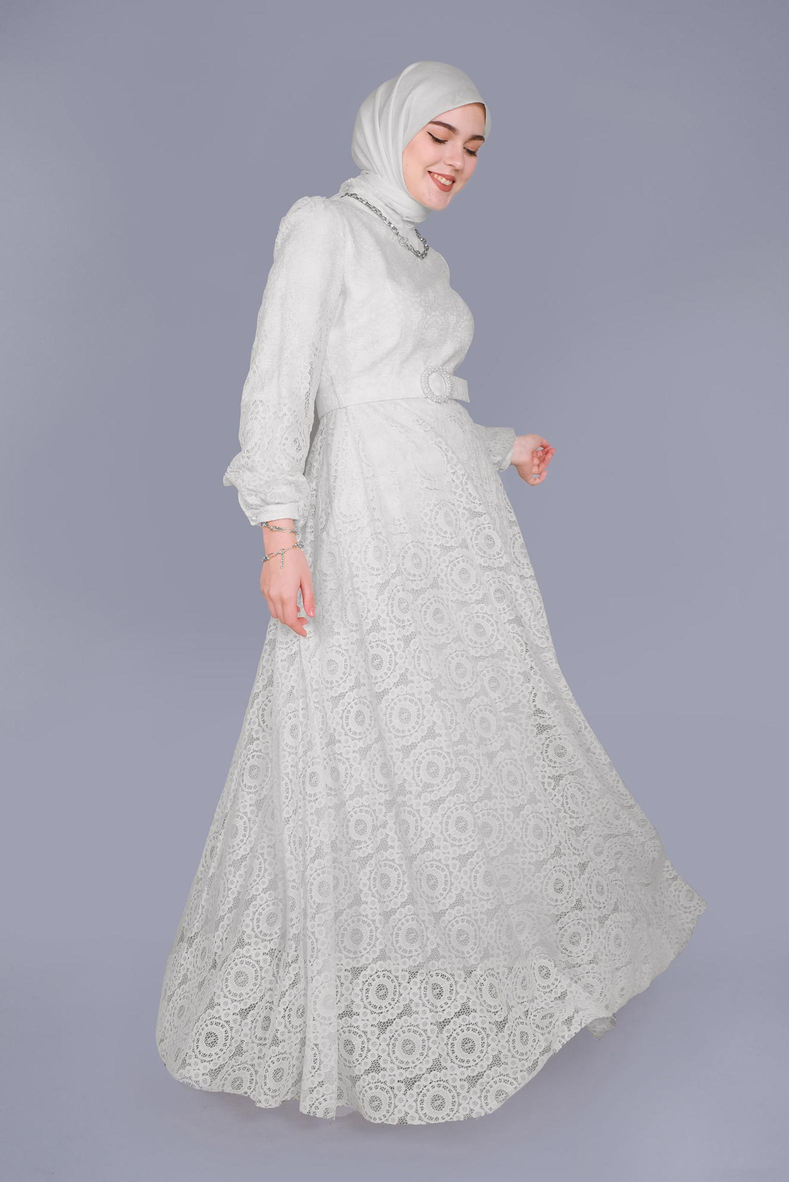 Tesettür giyim BEYAZ DANTELLİ  YUVARLAK YAKA ELBİSE 41662 
