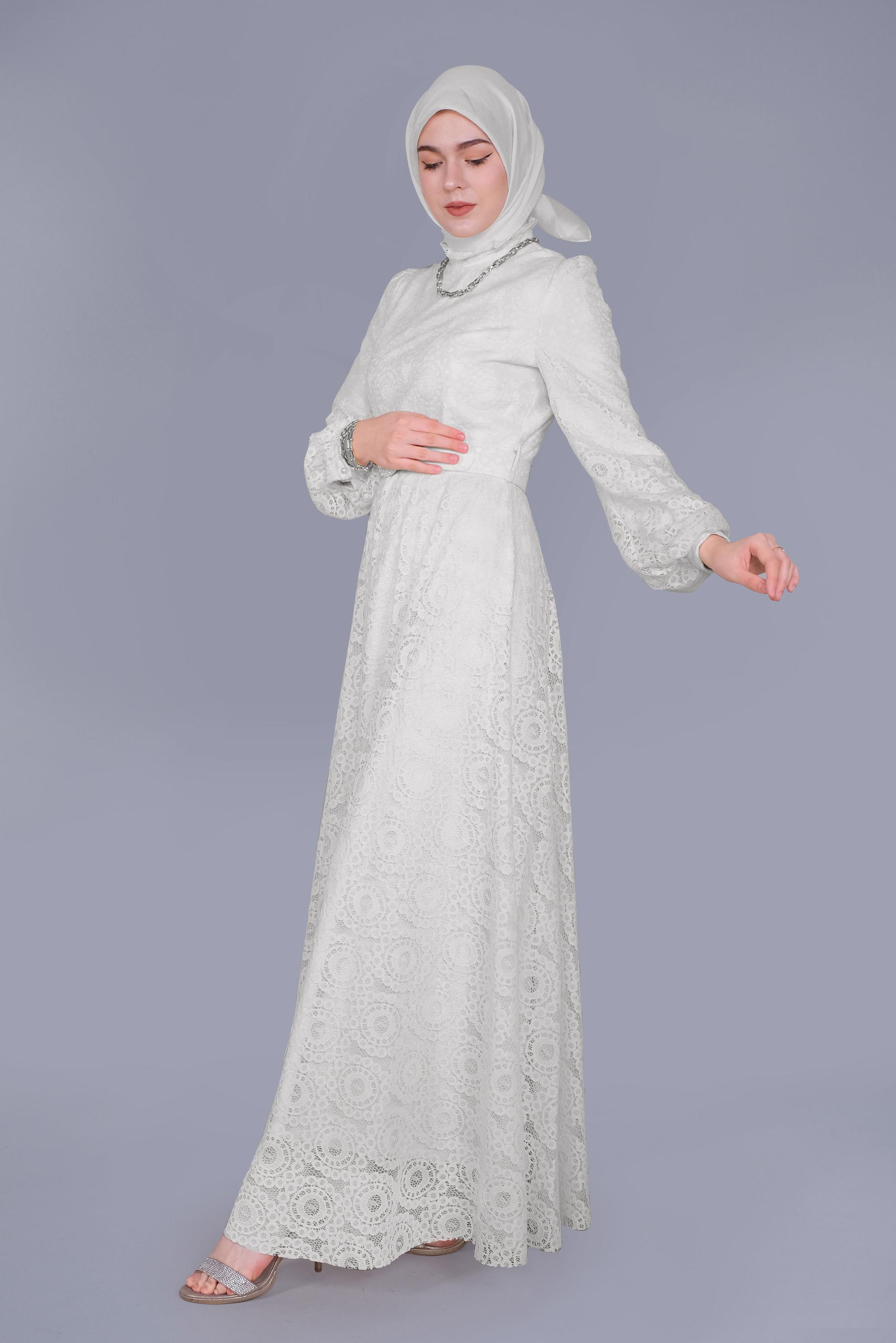 Tesettür giyim BEYAZ DANTELLİ  YUVARLAK YAKA ELBİSE 41662 