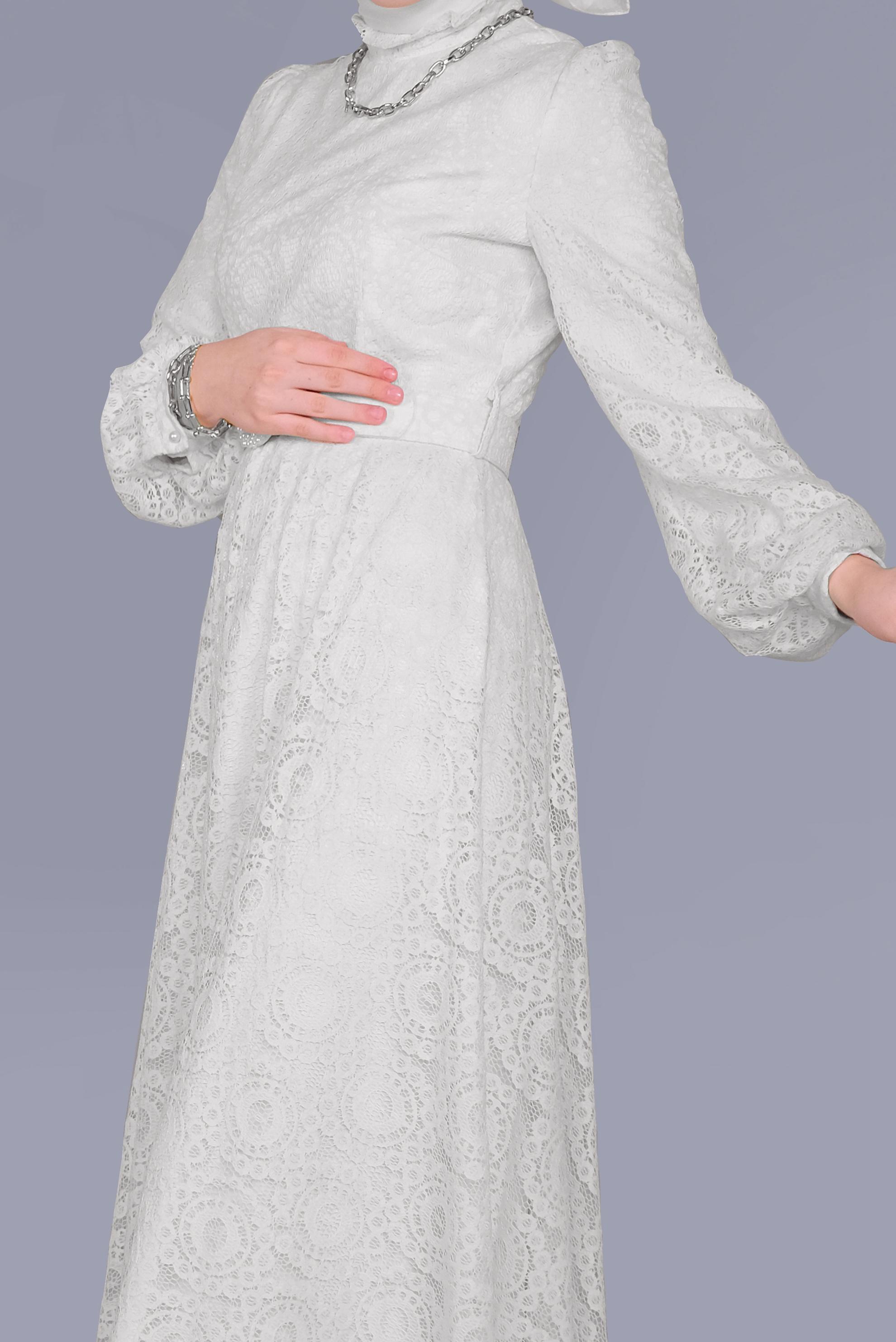 Tesettür giyim BEYAZ DANTELLİ  YUVARLAK YAKA ELBİSE 41662 