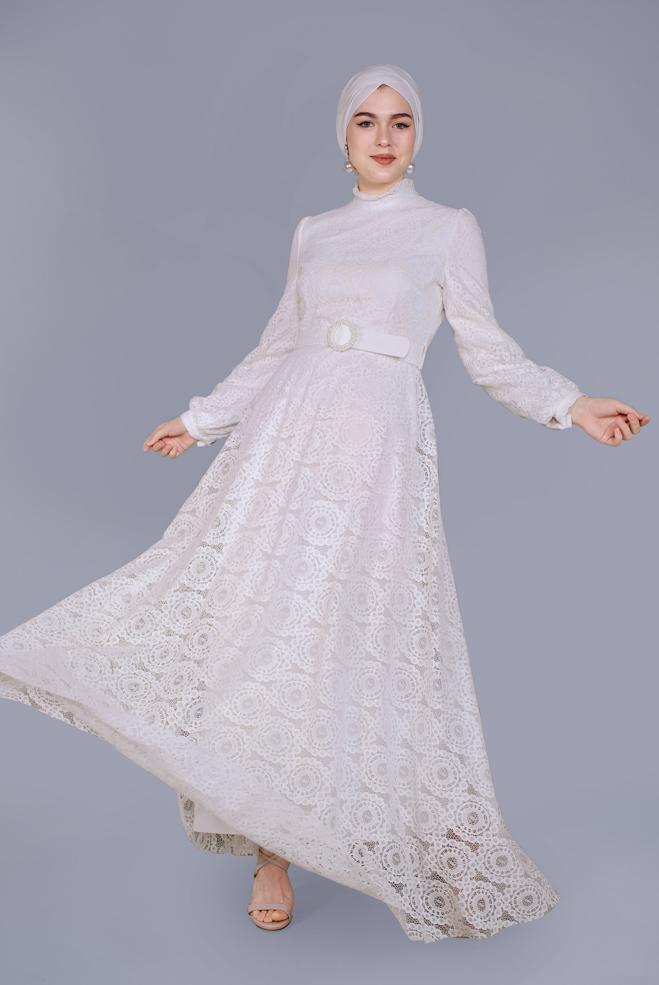 Tesettür giyim EKRU DANTELLİ  YUVARLAK YAKA ELBİSE 41662  - ALVİNA